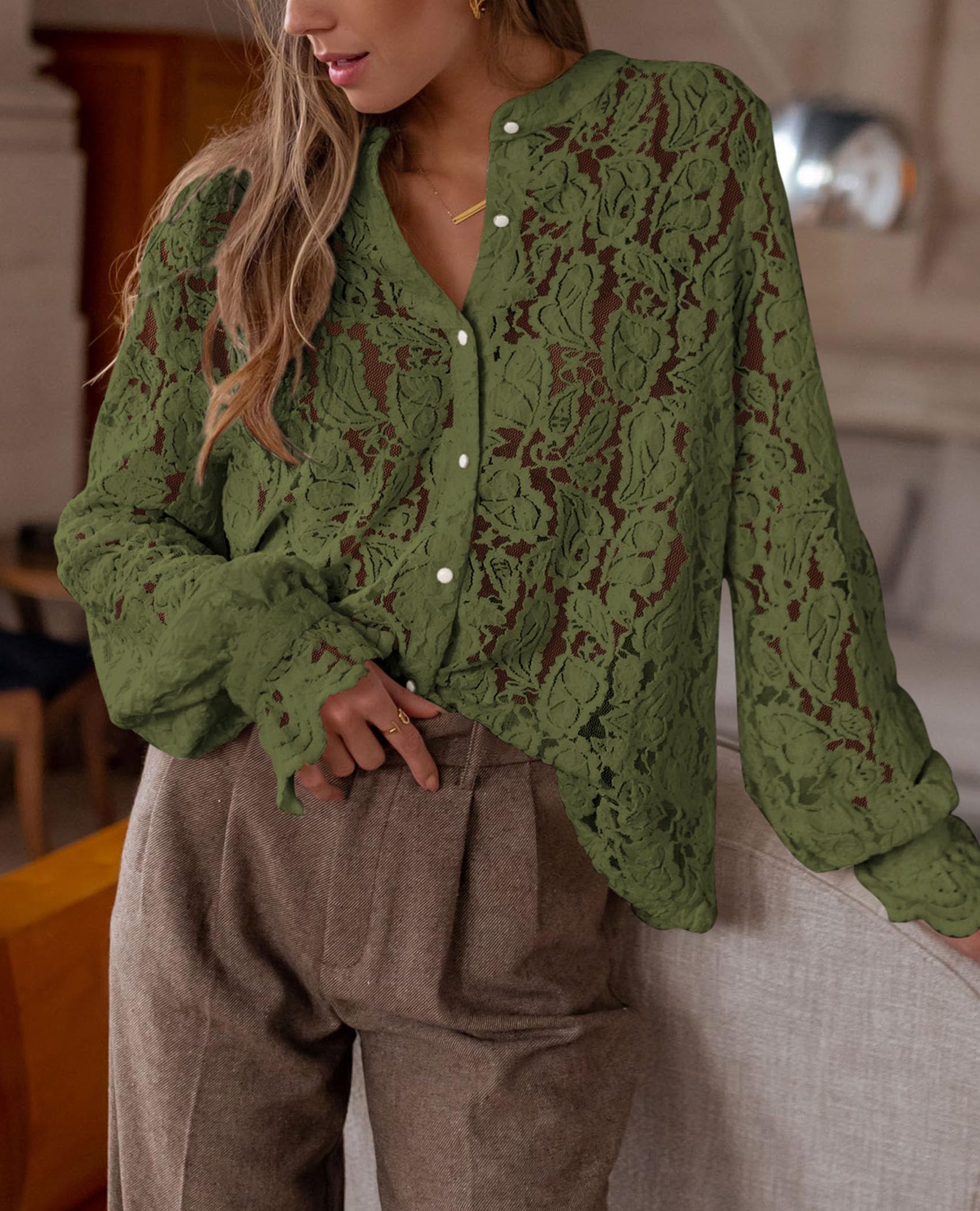 Women's Fall Trendy Long Sleeve Lace Tops(Army Green,Small)