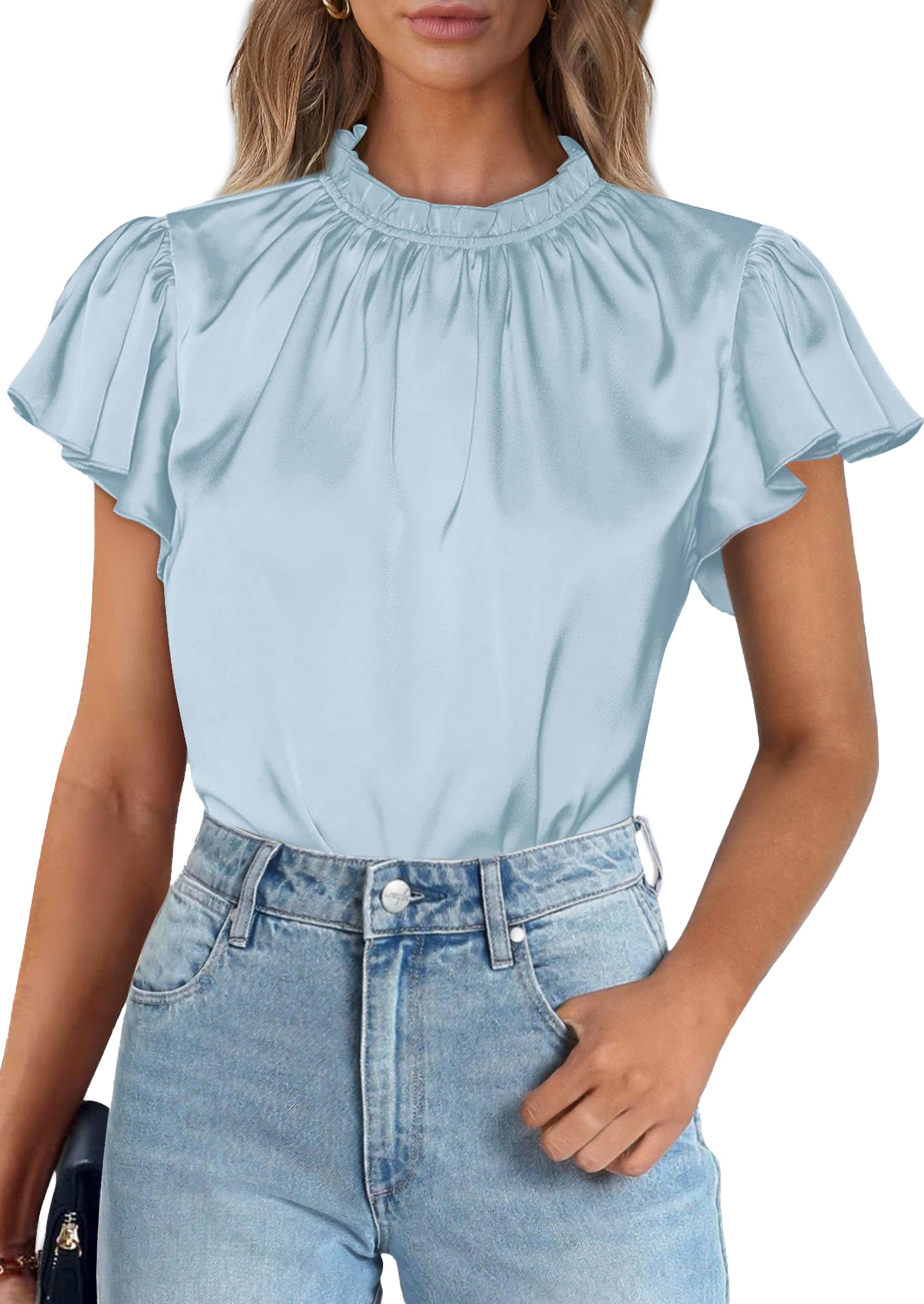 Women's Satin Tops Business Casual Work Blouses, Light Blue,S