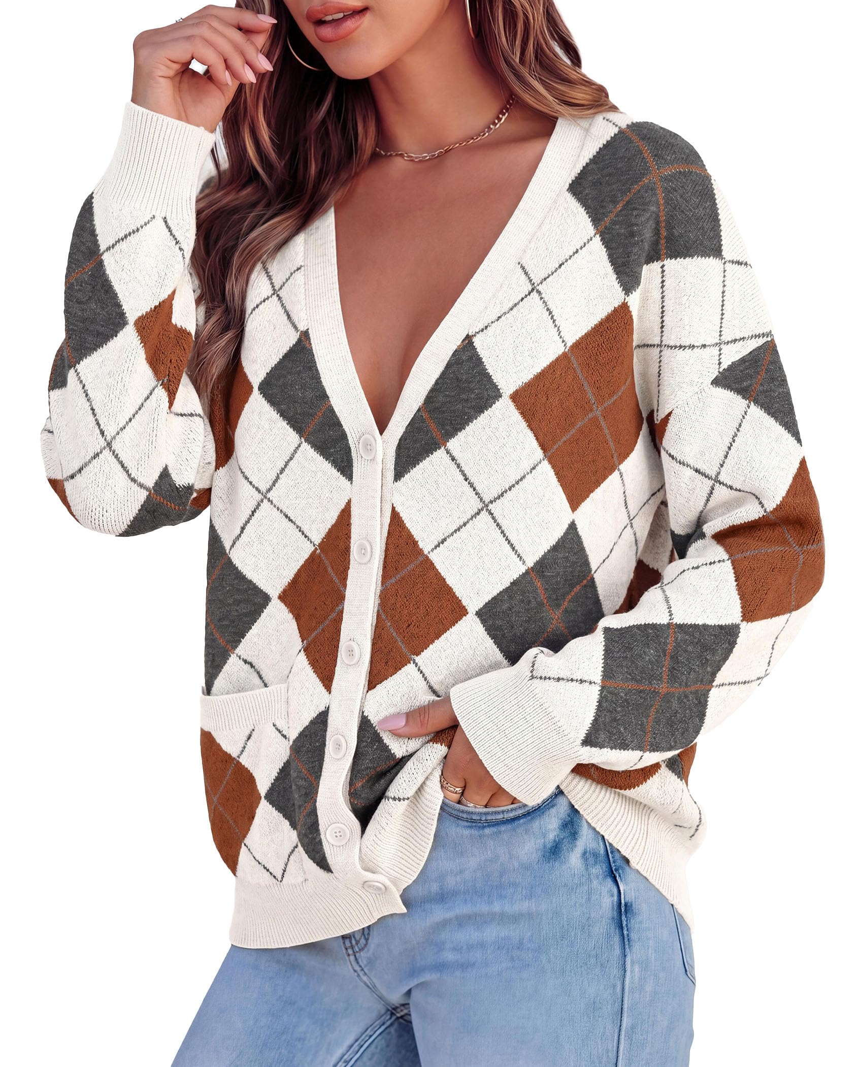 Women's Cardigan Argyle Winter Sweaters (Plaid White,S)