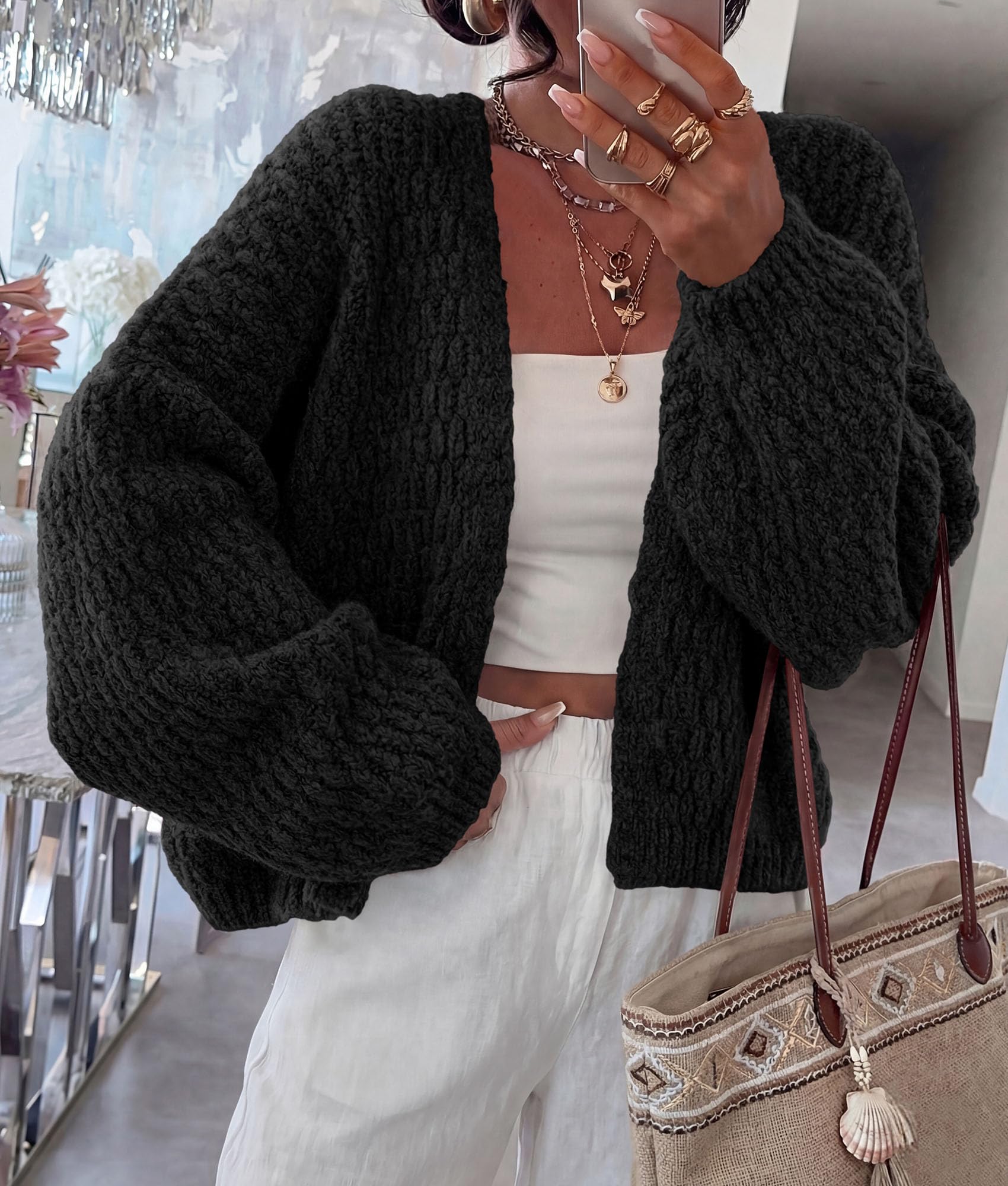 Women's Fall Cardigan Open Front Chunky Sweaters Black S