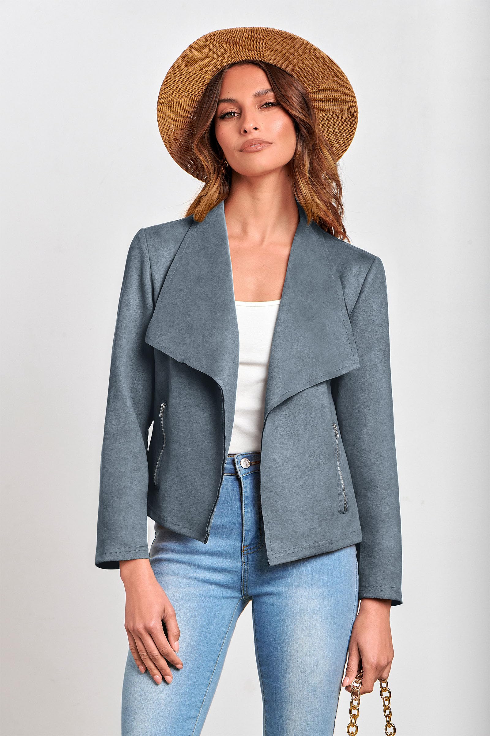 Women's Fall Fashion Faux Suede Jackets(Grey Blue,Small)