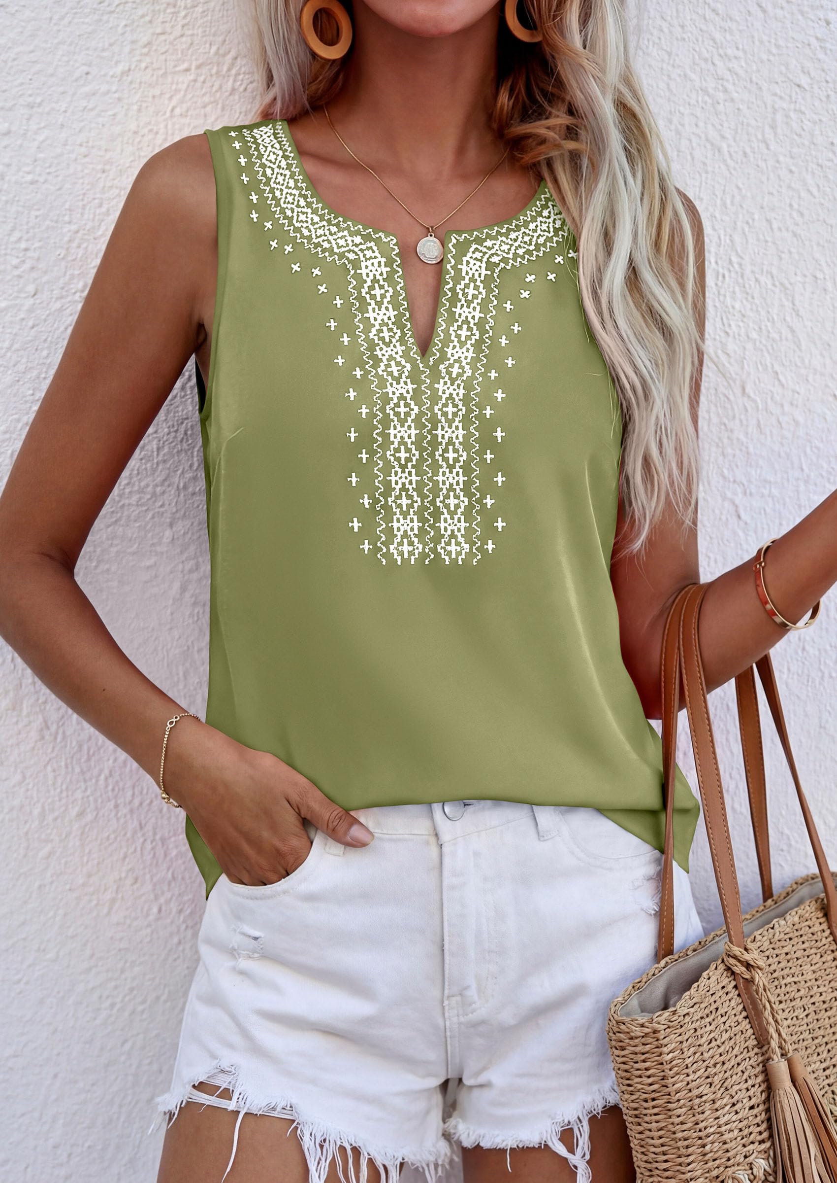 Womens Embroidered Sleeveless Tank Tops Sage Green,S