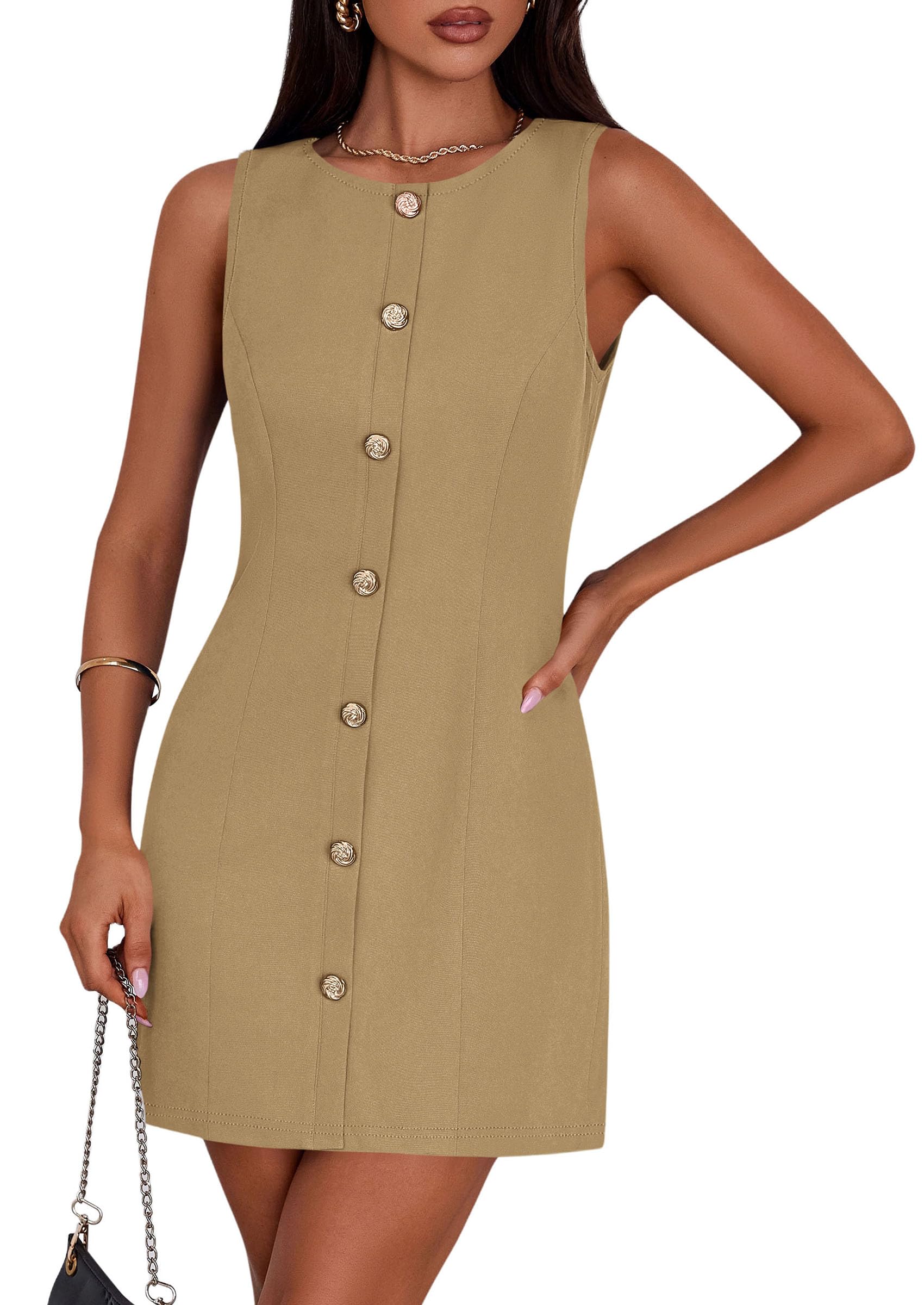 Women Business Casual Cocktail Work Short Dress,Khaki,S