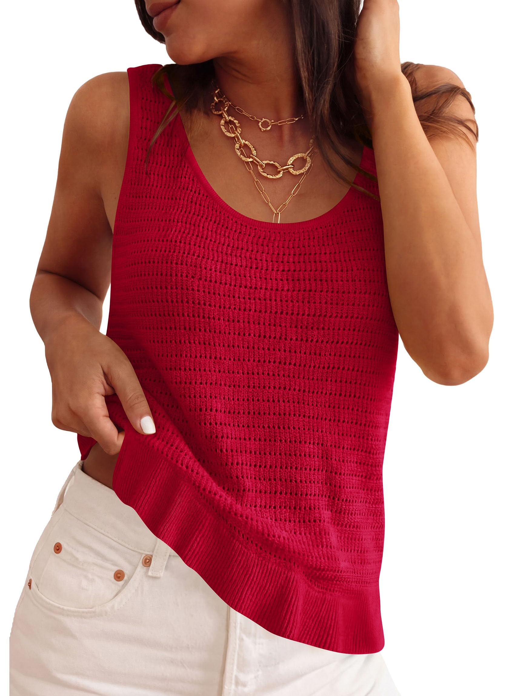 Women's Summer Crochet Knit Tank Tops,Red,S