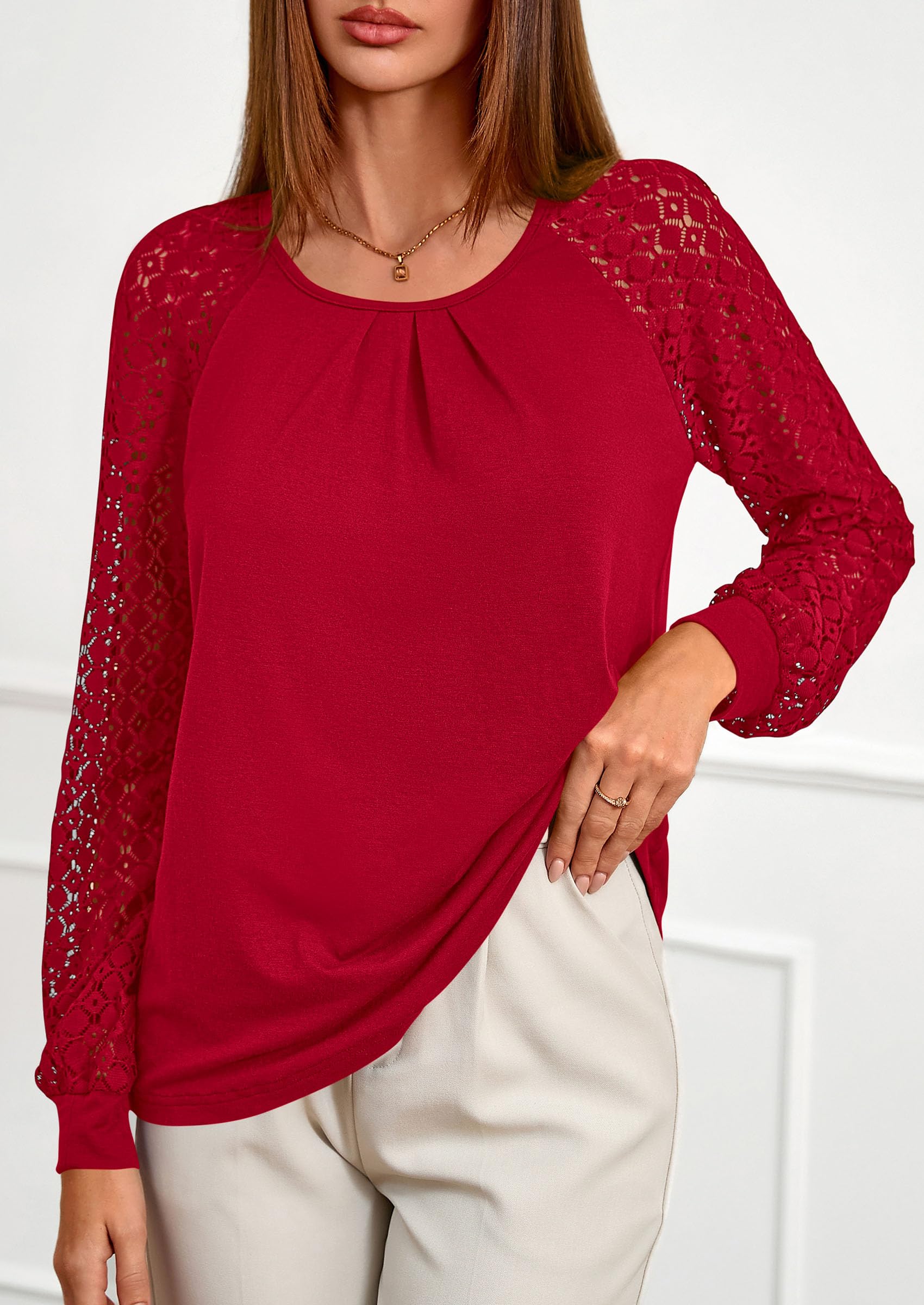 Women's Long Sleeve Shirts Fall Lace Tops,Red,S