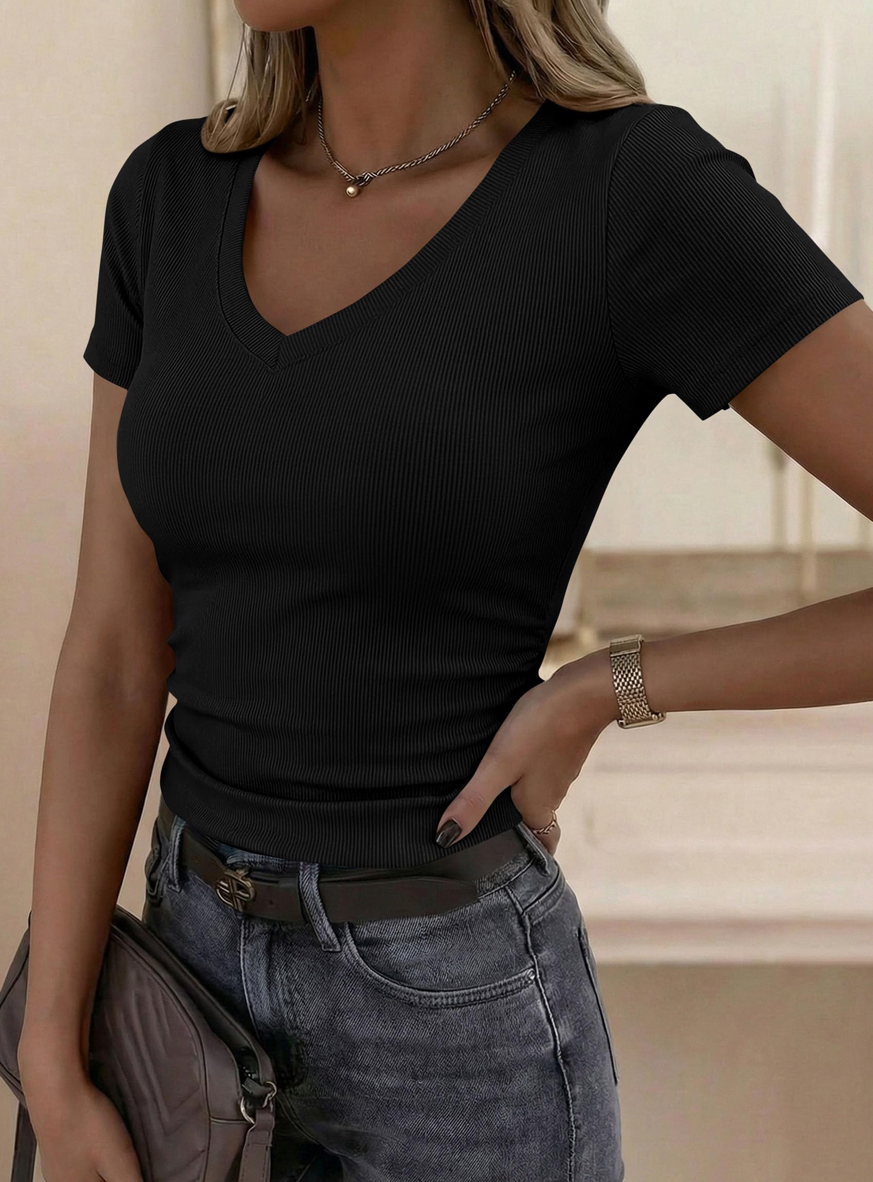 Women's Summer Trendy Tops V Neck T Shirts (Black,XS)