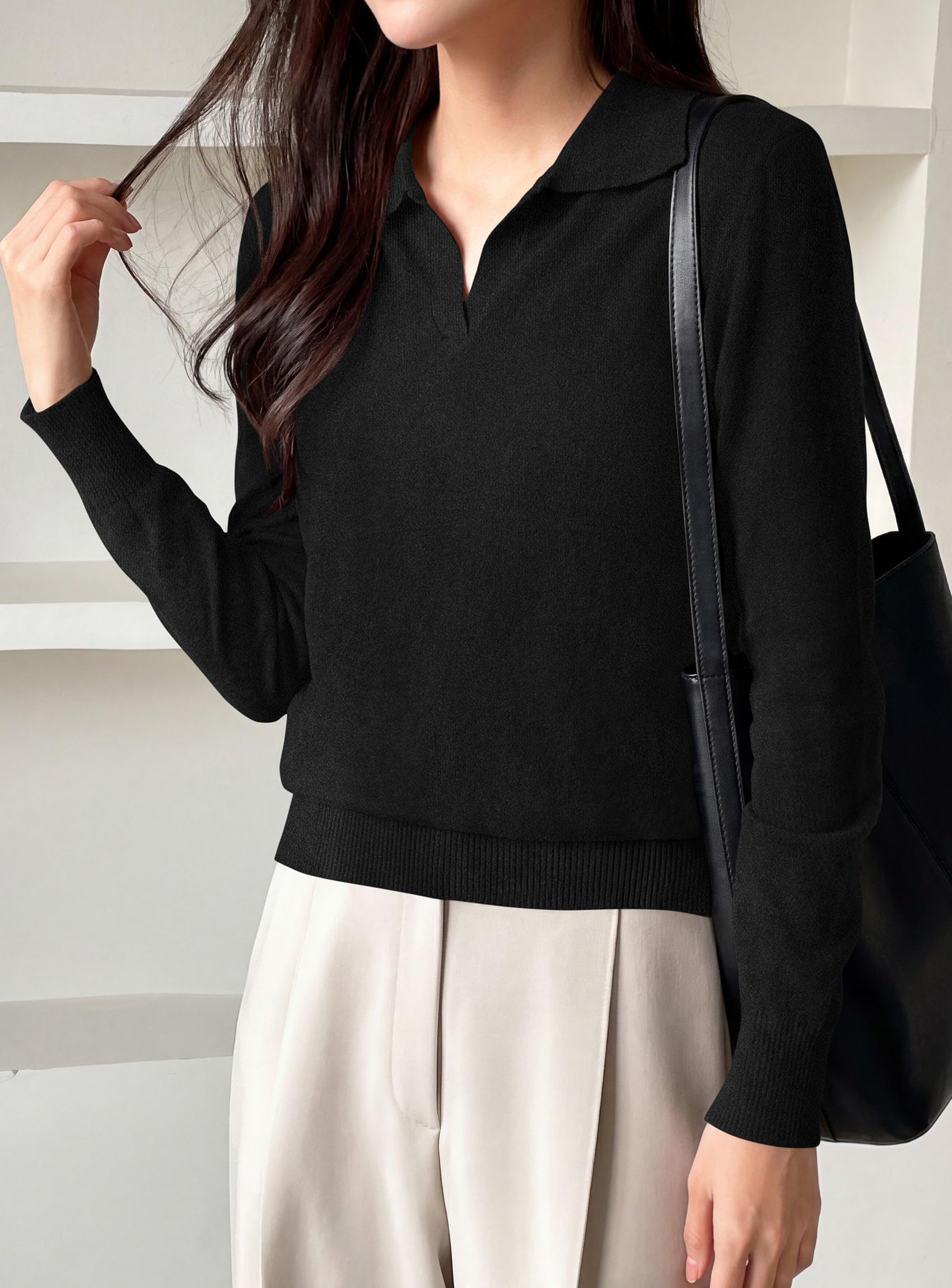 Womens Long Sleeve Collared Polo Sweater,Black,S