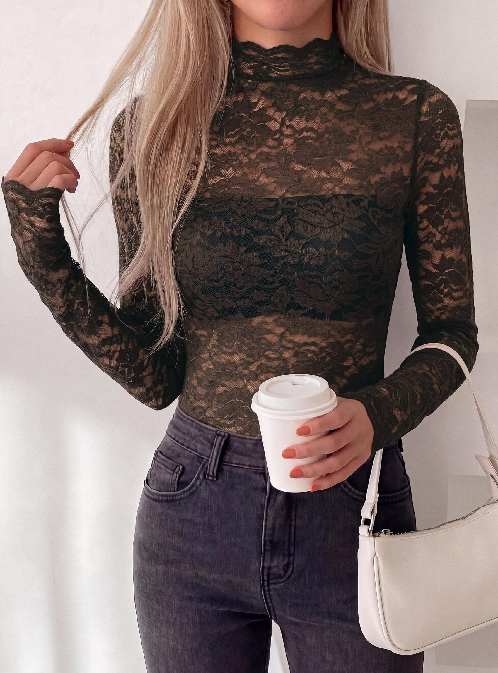 Womens Lace Long Sleeve Tops Sheer Mesh Blouse Coffee,S