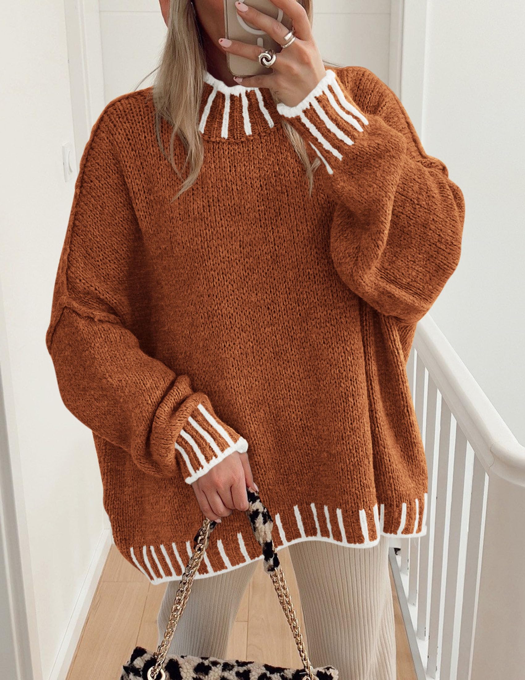 Women's Mock Neck Oversized Pullover Sweaters,Brick Red,XS