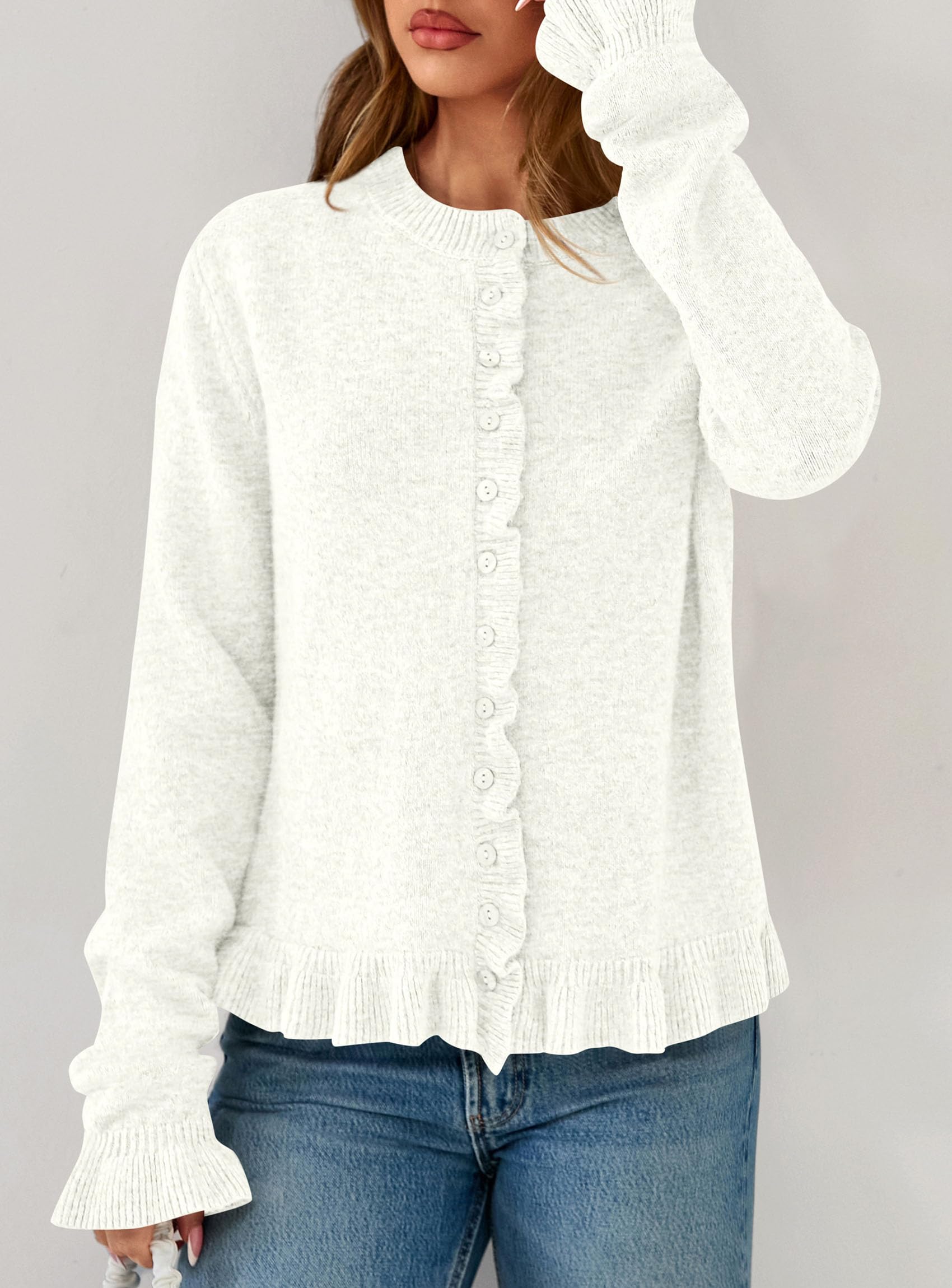 Womens Ruffle Button Down Cardigan Sweaters,White,S