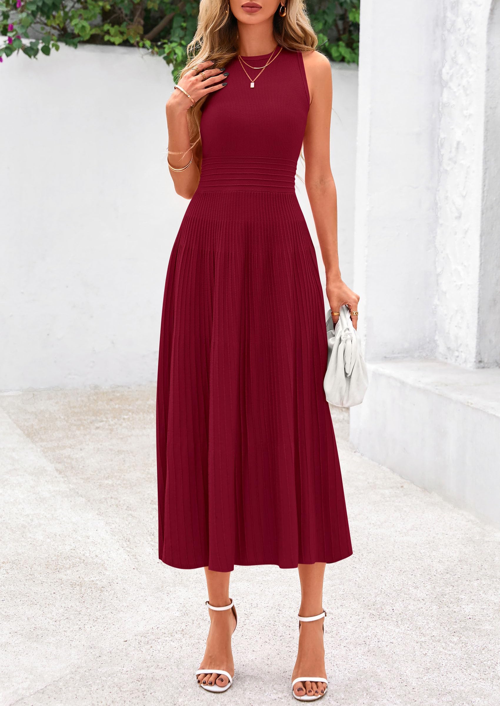 Women's Summer Pleated Midi Work Dress,Burgundy,S