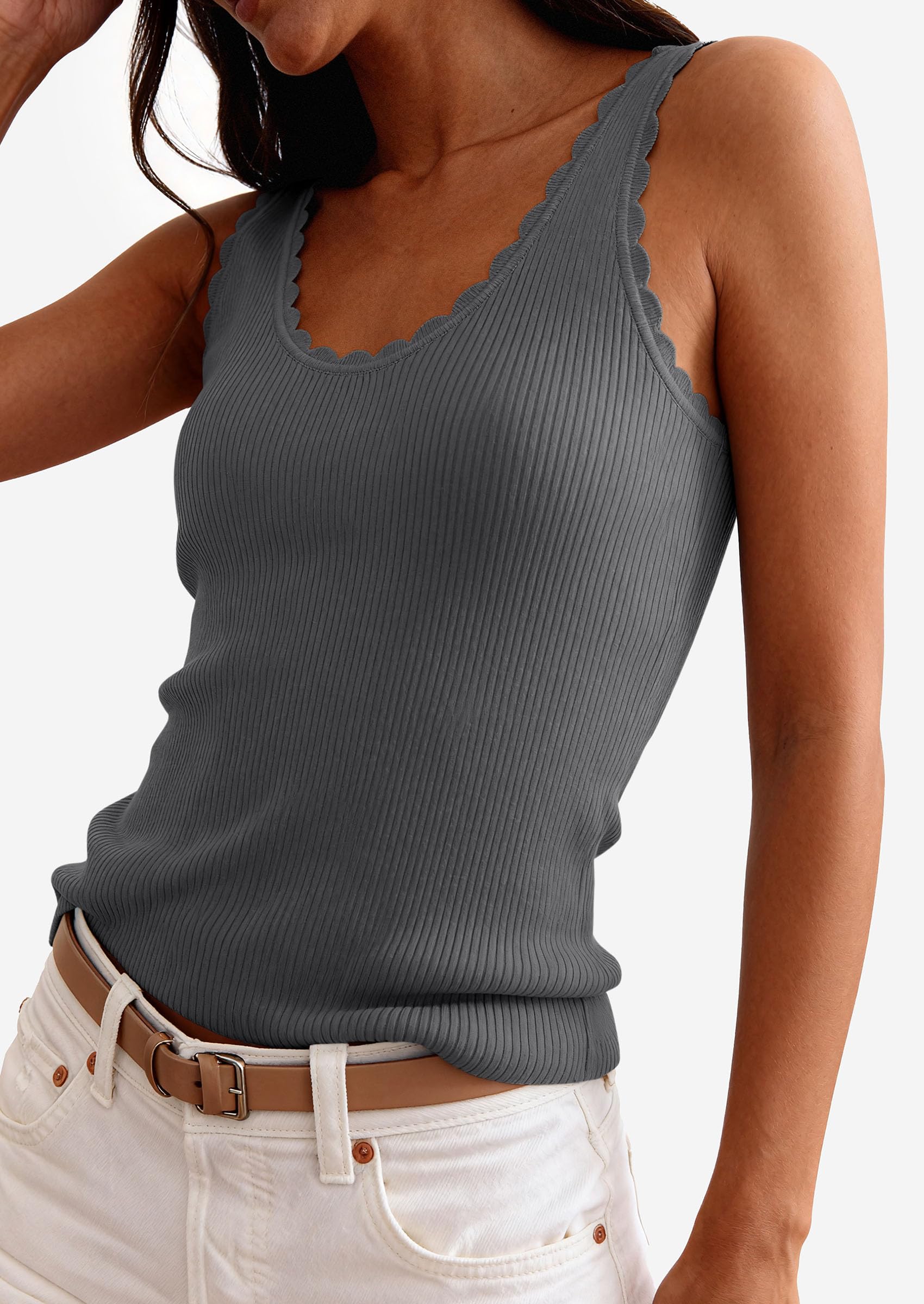 Womens Ribbed Knit Sleeveless Tank Tops,Dark Grey,XS