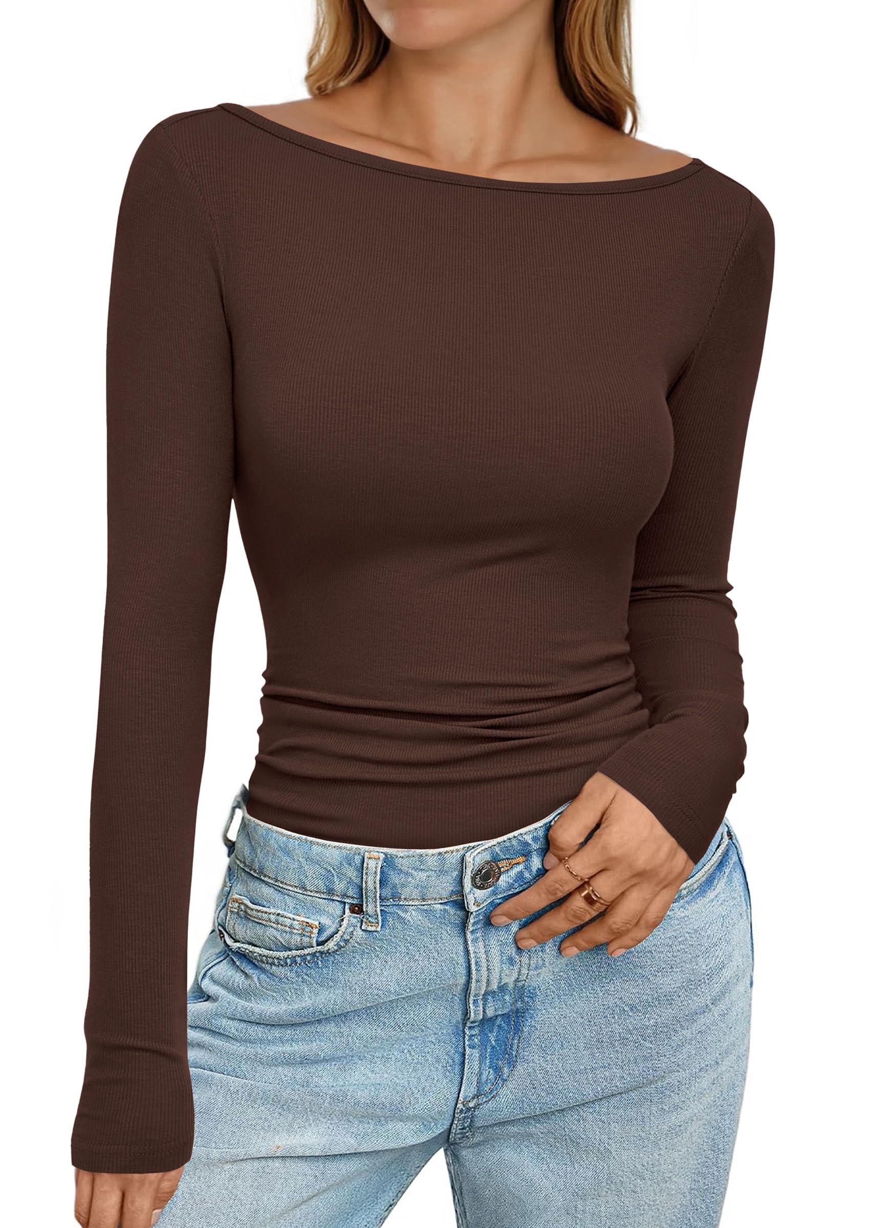 Long Sleeve T Shirts for Women Basic Ribbed Boat Neck Tops