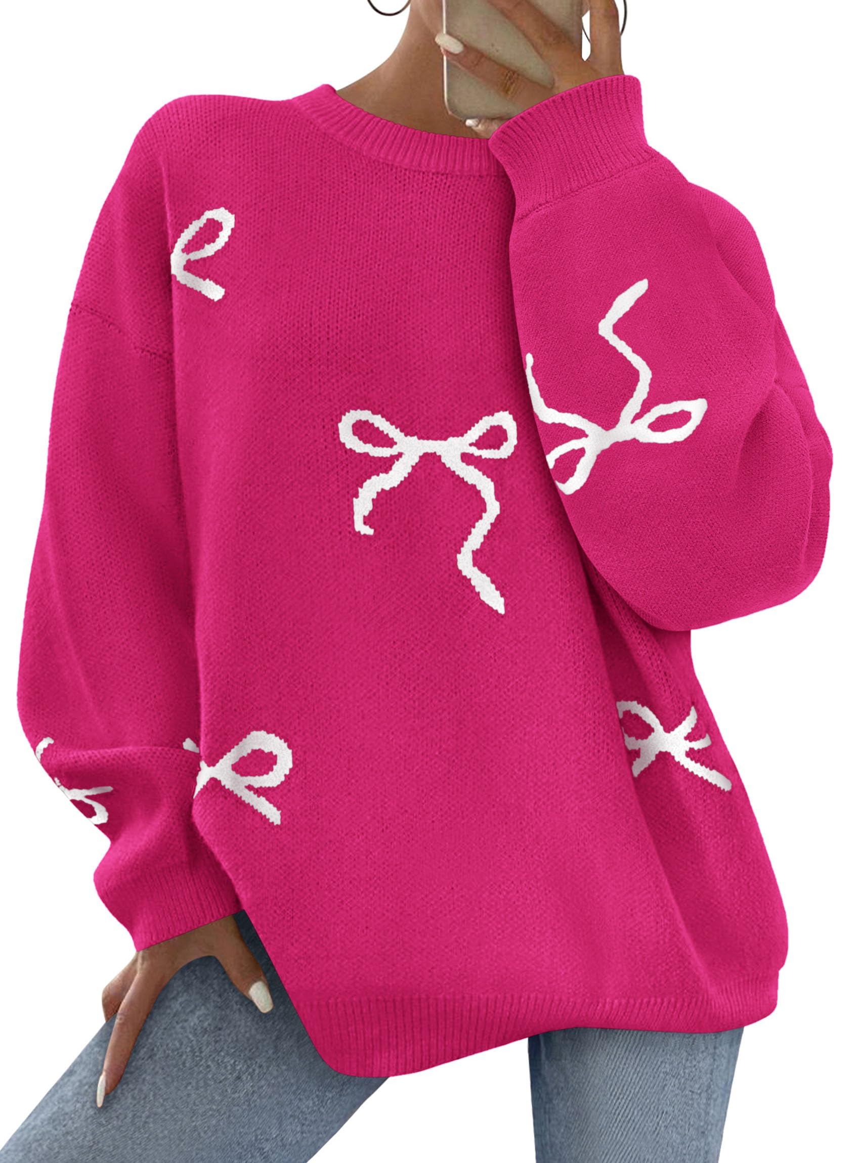 Fall Long Sleeve Pullover Sweaters for Women 2026 Trendy Crewneck Casual Cute Bow Chunky Knit Oversized Sweater (Rose Red,Small)