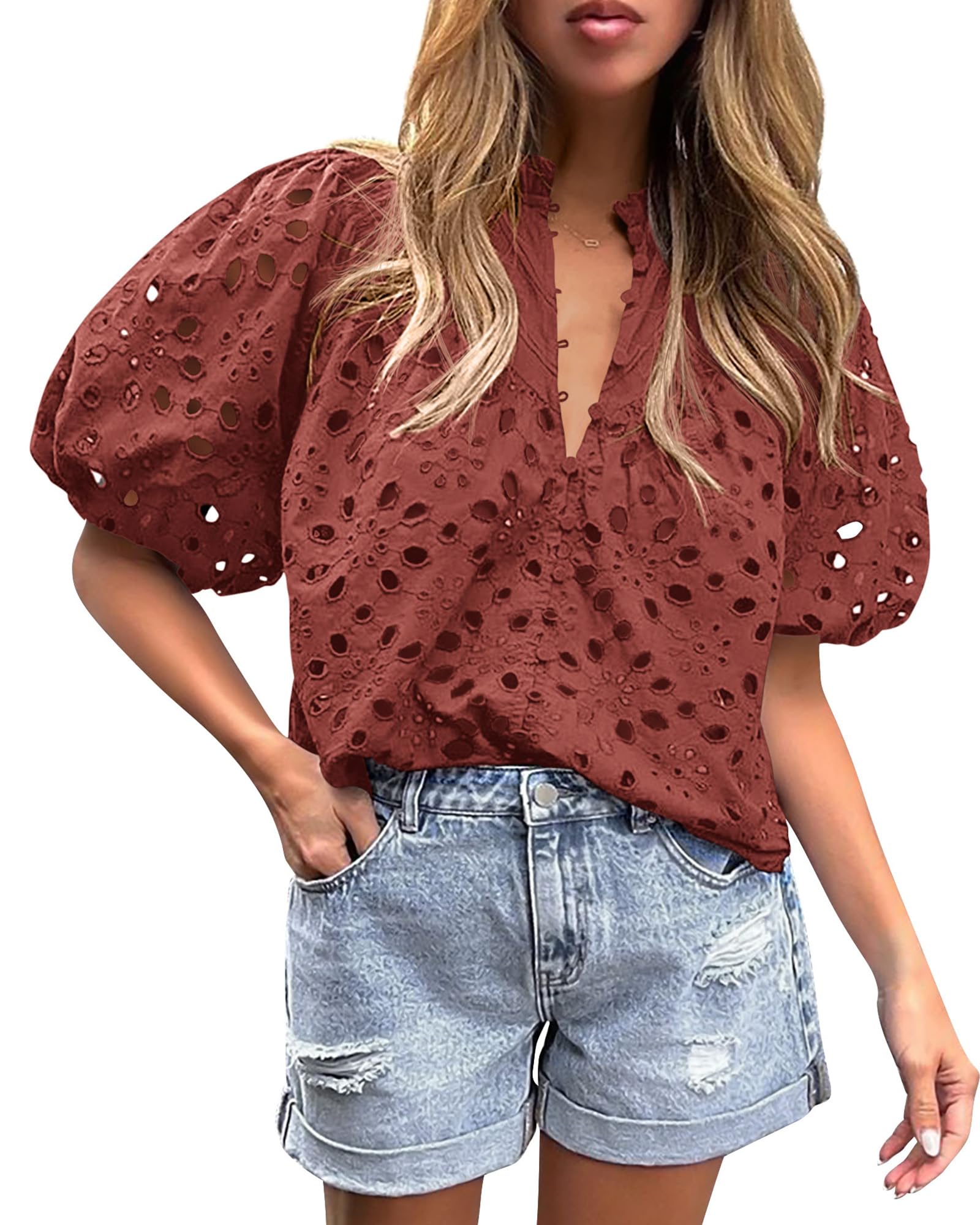 Womens Tops Boho Eyelet Puff Sleeve Blouse, Brown Red,S