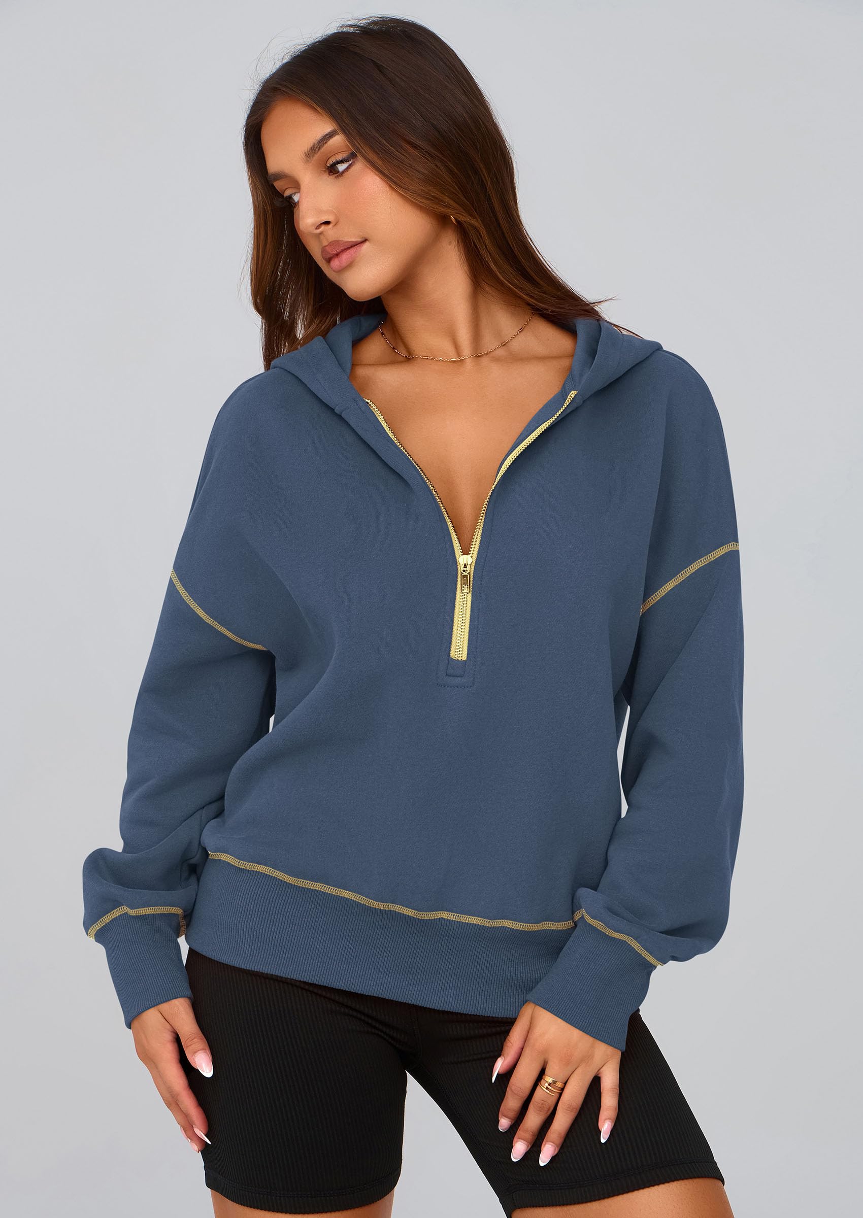 Women's Fall Half Zip Cropped Hoodie Sweatshirt Grey Blue