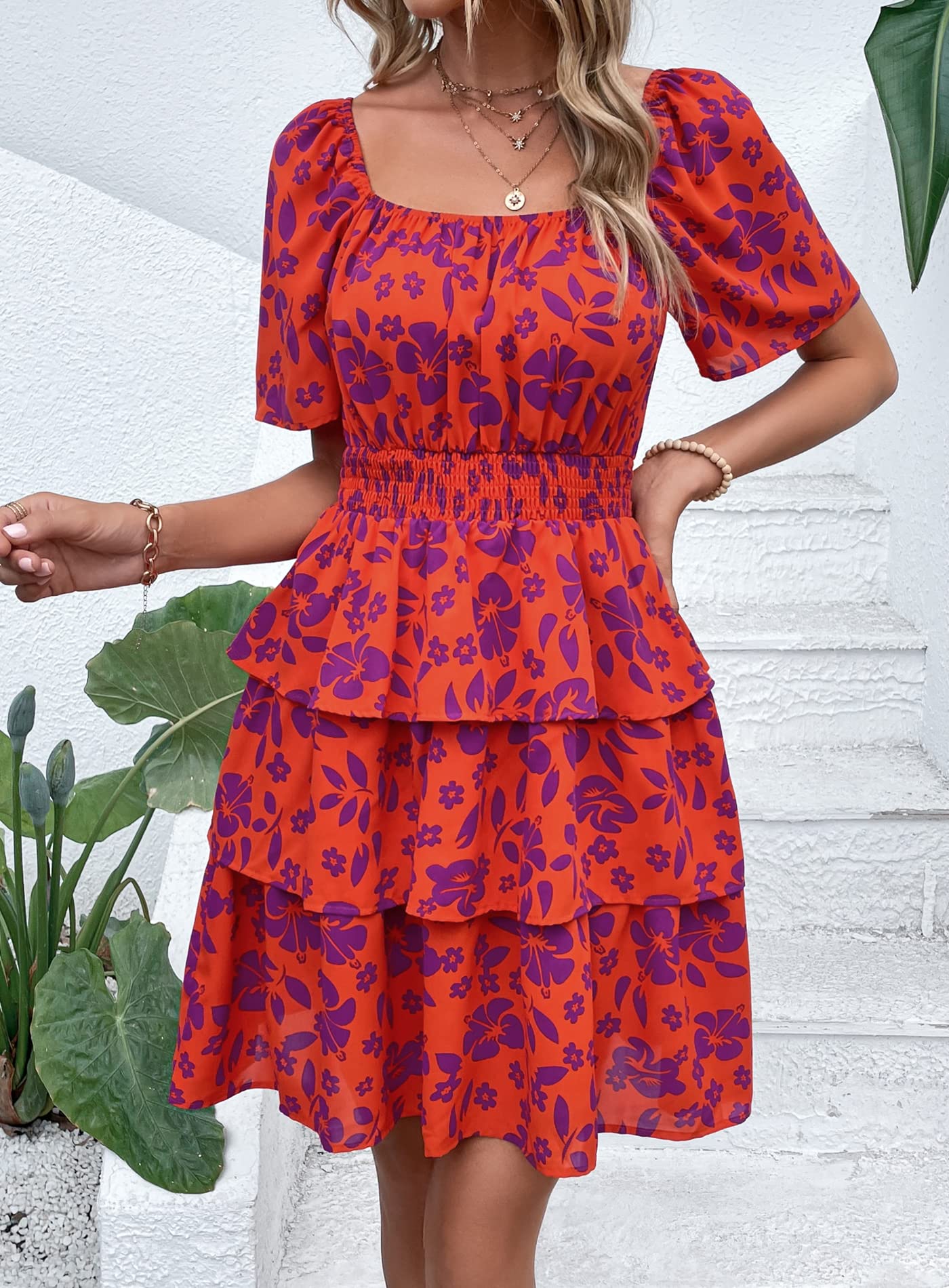 Women's 2025 Floral Summer Short Dress Square Neck Short Sleeve Tiered Ruffle Boho Swing Dresses (Orange Purple Floral,Small)