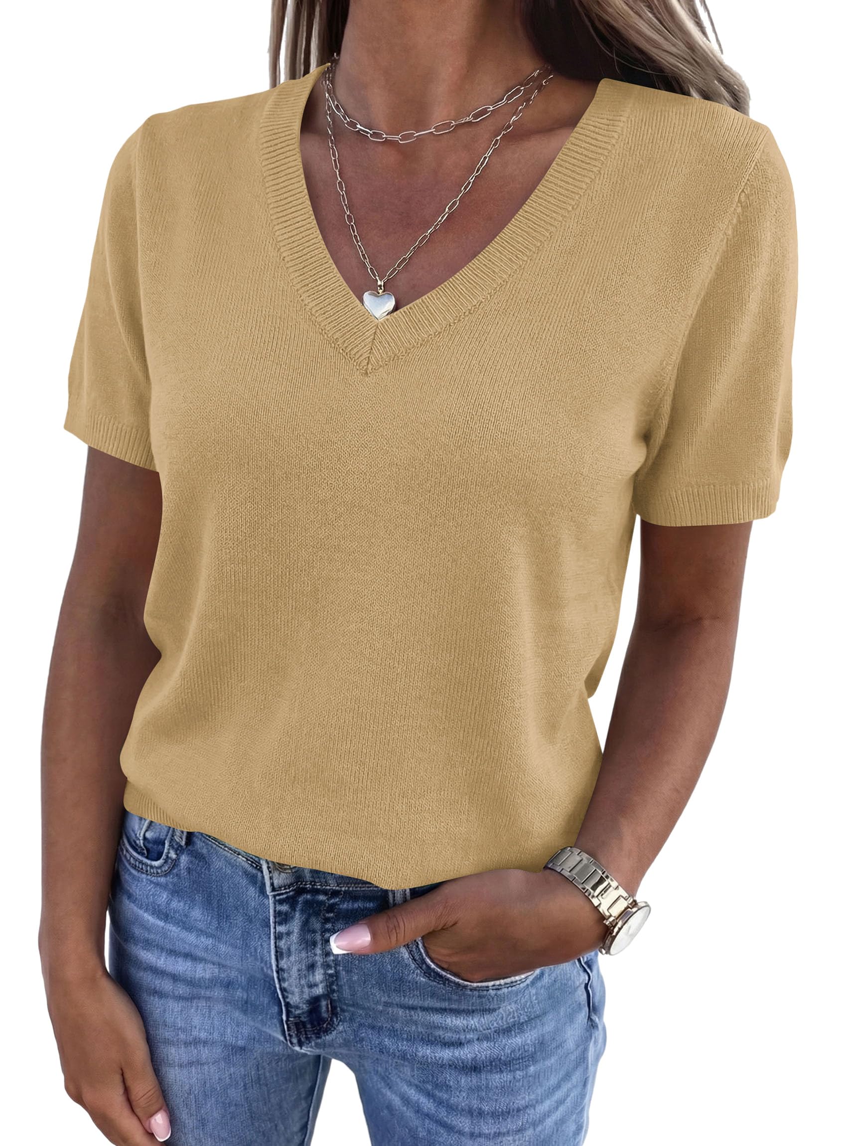 Womens Short Sleeve Sweater V Neck Tops,Light Khaki,S