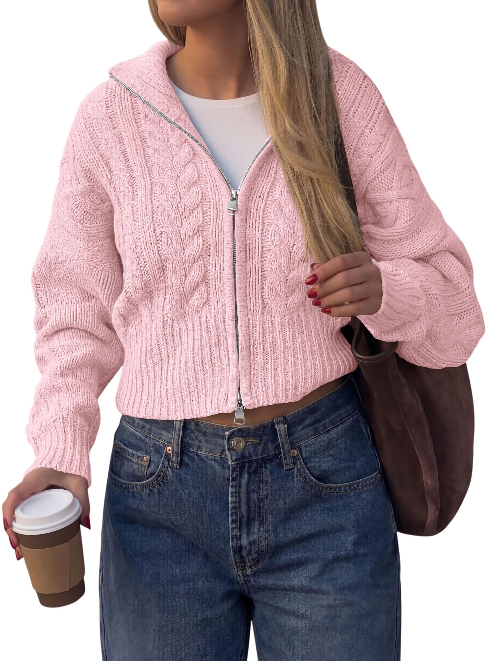 Women's Zip Up Cardigan Sweaters Cropped Jackets Fall Outfits