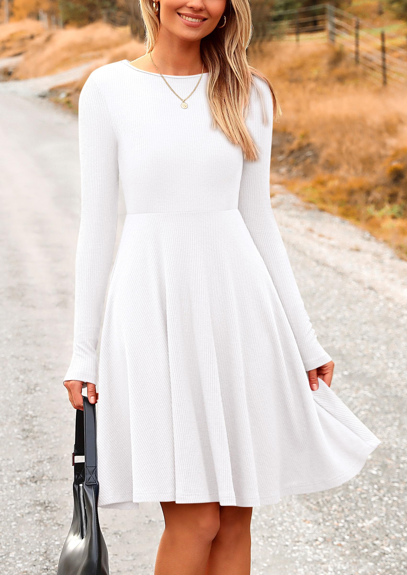 Women's Fall Casual Long Sleeve Short Dress (White,XL)