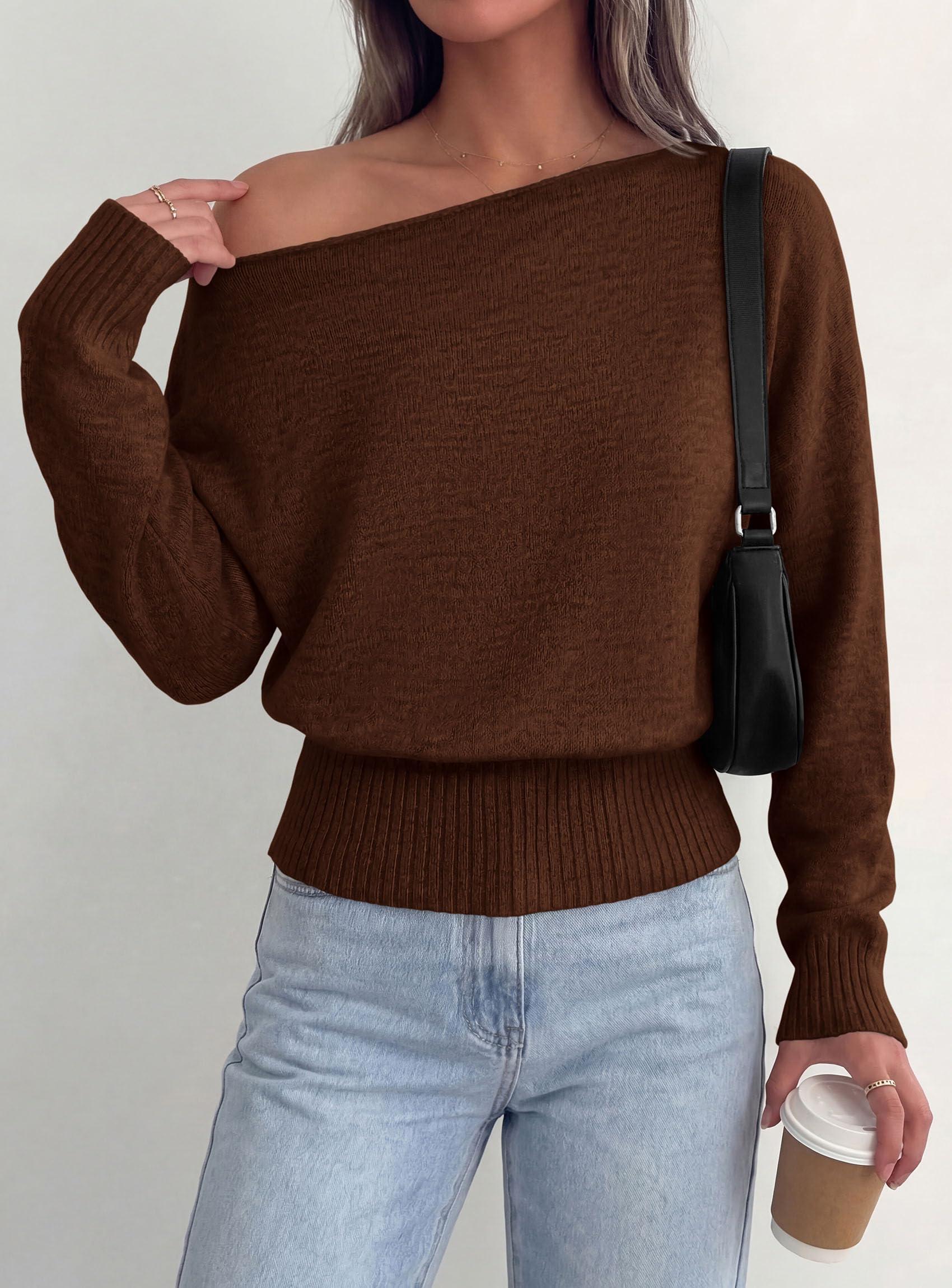 Womens Off The Shoulder Sweater Fall Fashion,Brown,S