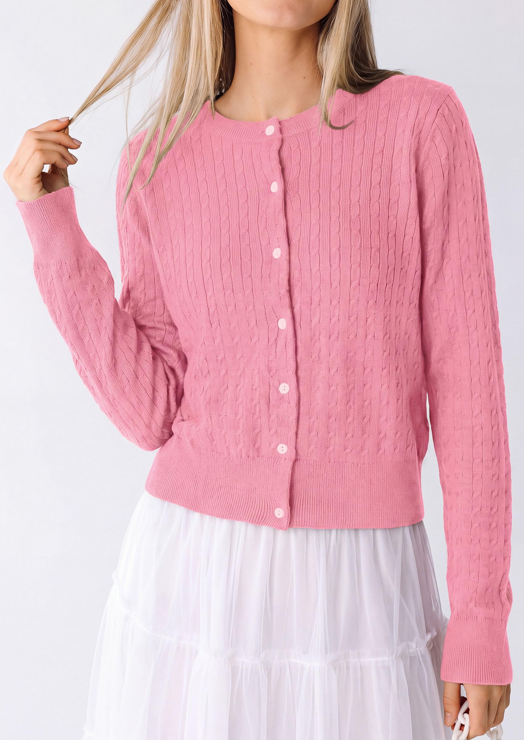 Women Fall Lightweight Cardigans Button Up Cable Knit Sweaters