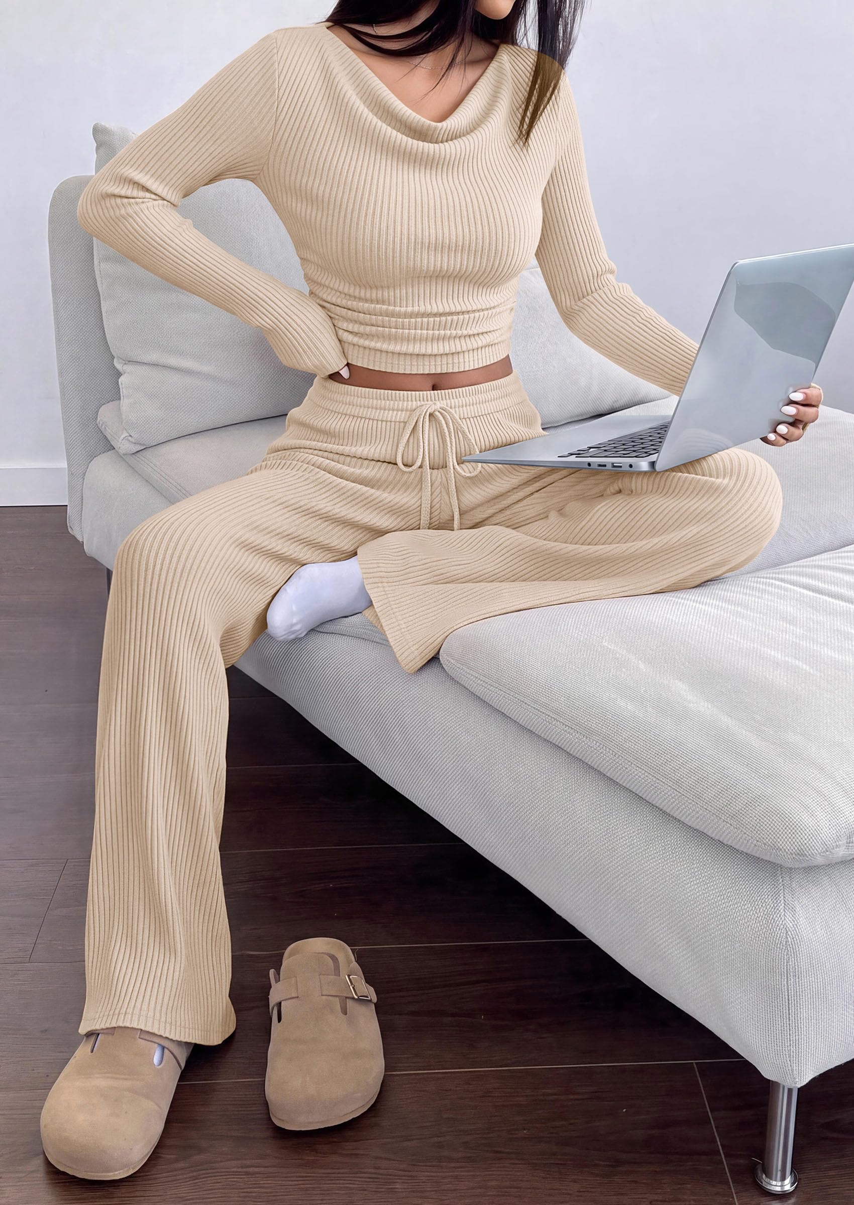 Matching Sets Women Clothing Fall Ribbed 2 Piece Lounge Set