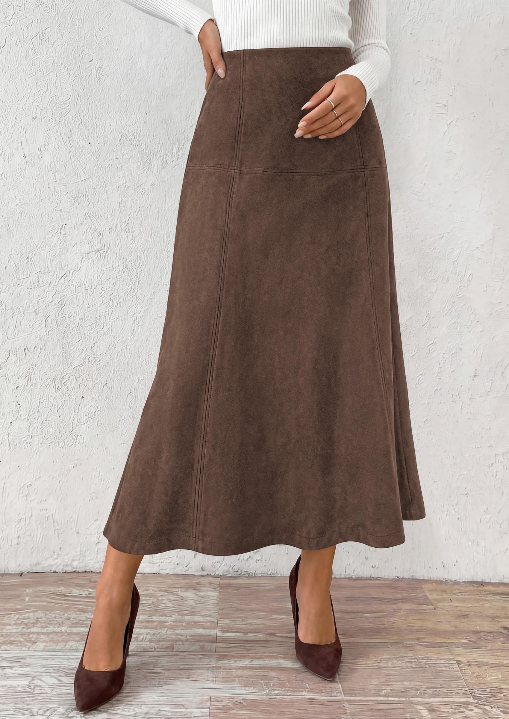 Womens High Waist Faux Suede A Line Midi Skirt,Dark Brown,XL