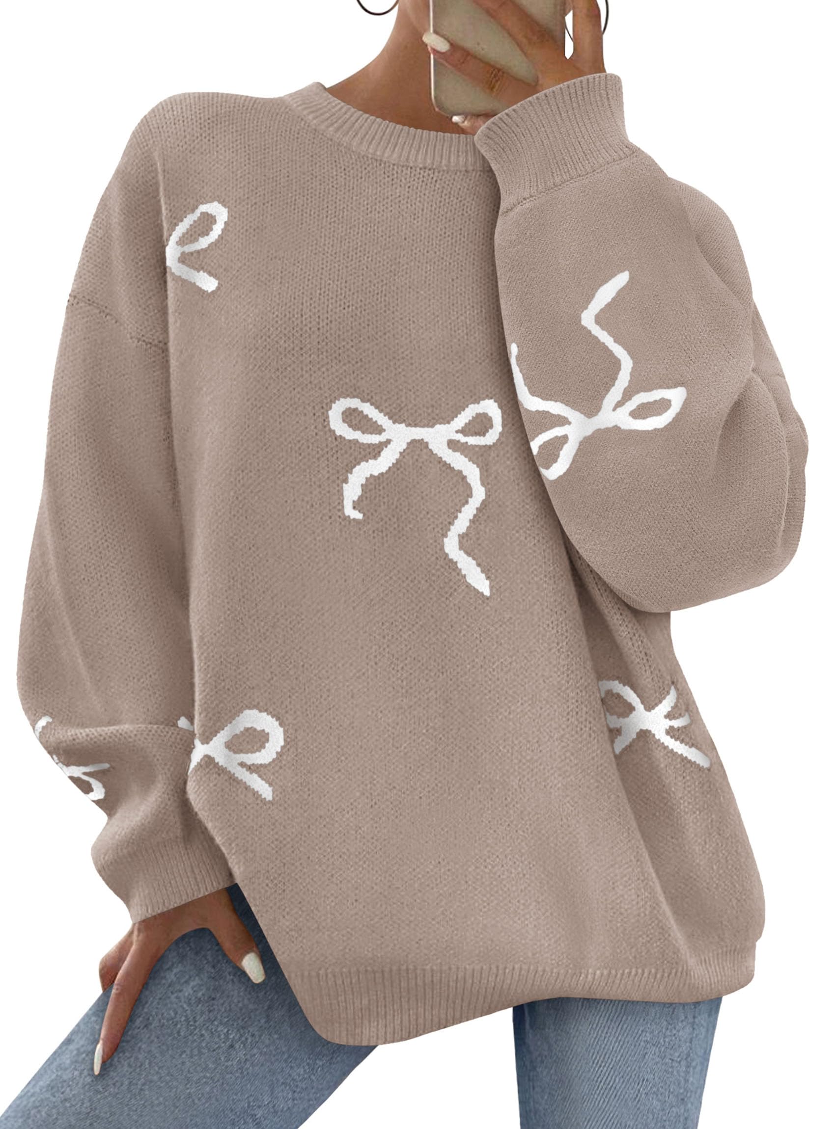 Fall Long Sleeve Pullover Sweaters for Women 2026 Trendy Crewneck Casual Cute Bow Chunky Knit Oversized Sweater (Khaki,Small)
