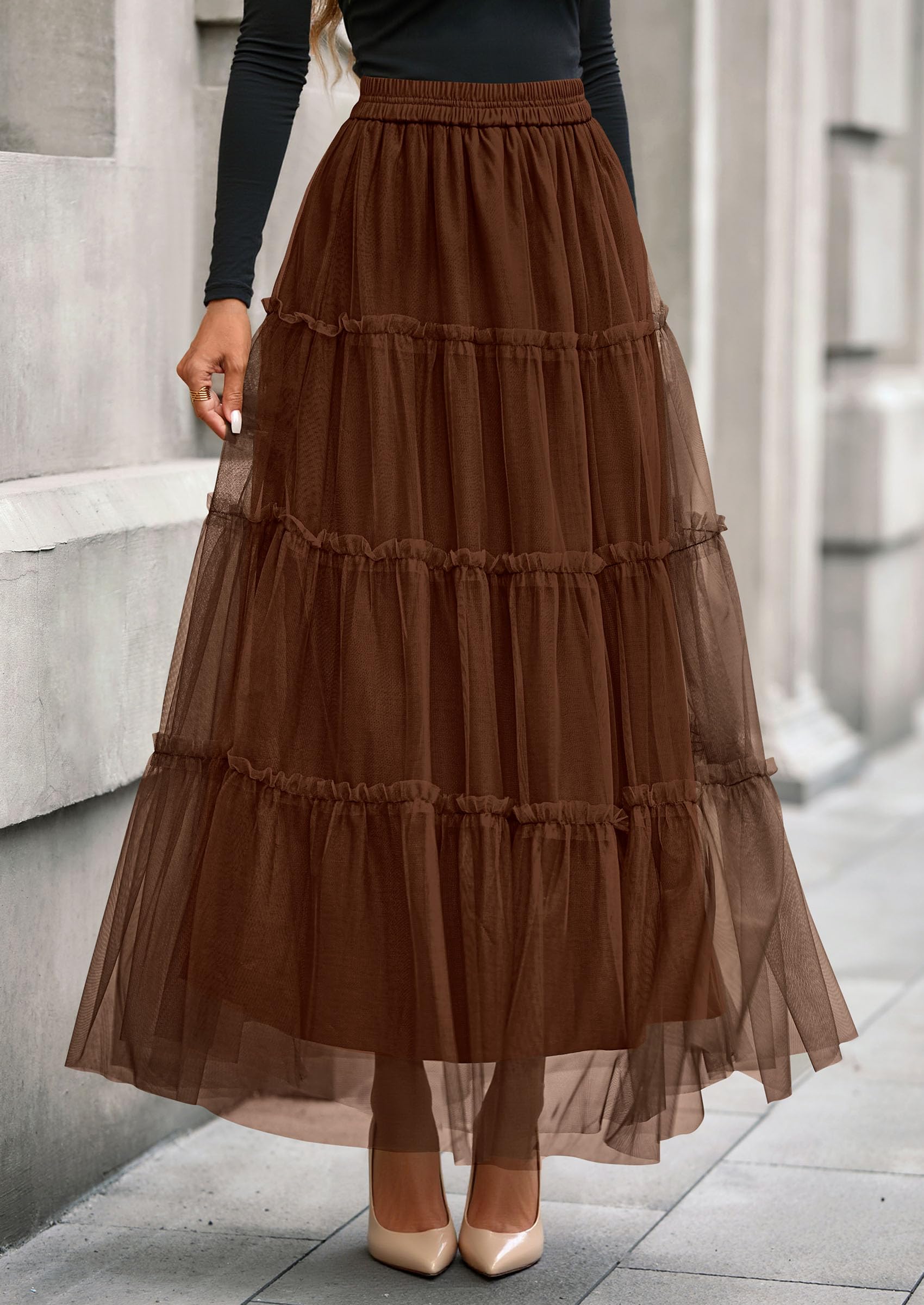 Women's Fall Soft Tulle Tiered Long Skirt,Brown,S
