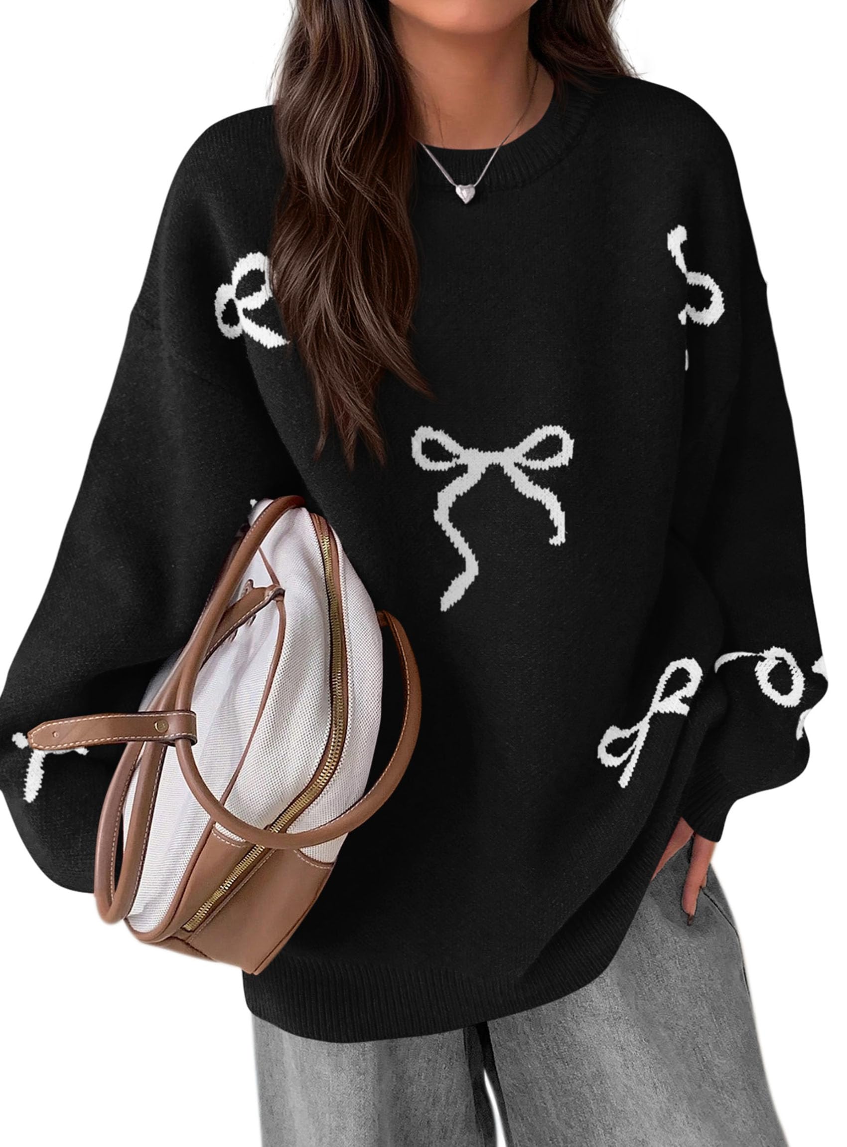 Fall Long Sleeve Pullover Sweaters for Women 2026 Trendy Crewneck Casual Cute Bow Chunky Knit Oversized Sweater (Black,Small)