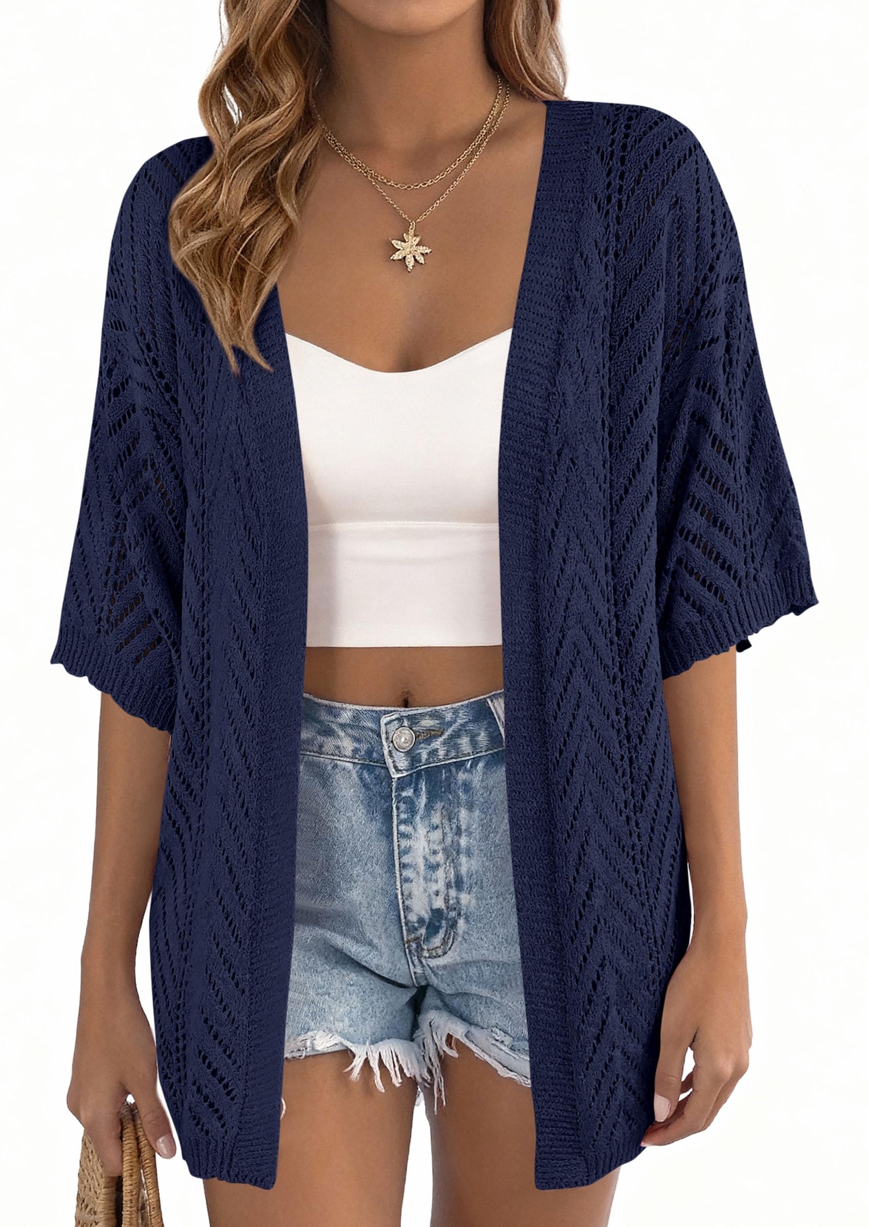 Women Lightweight Summer Short Sleeve Cardigan, Navy Blue,S