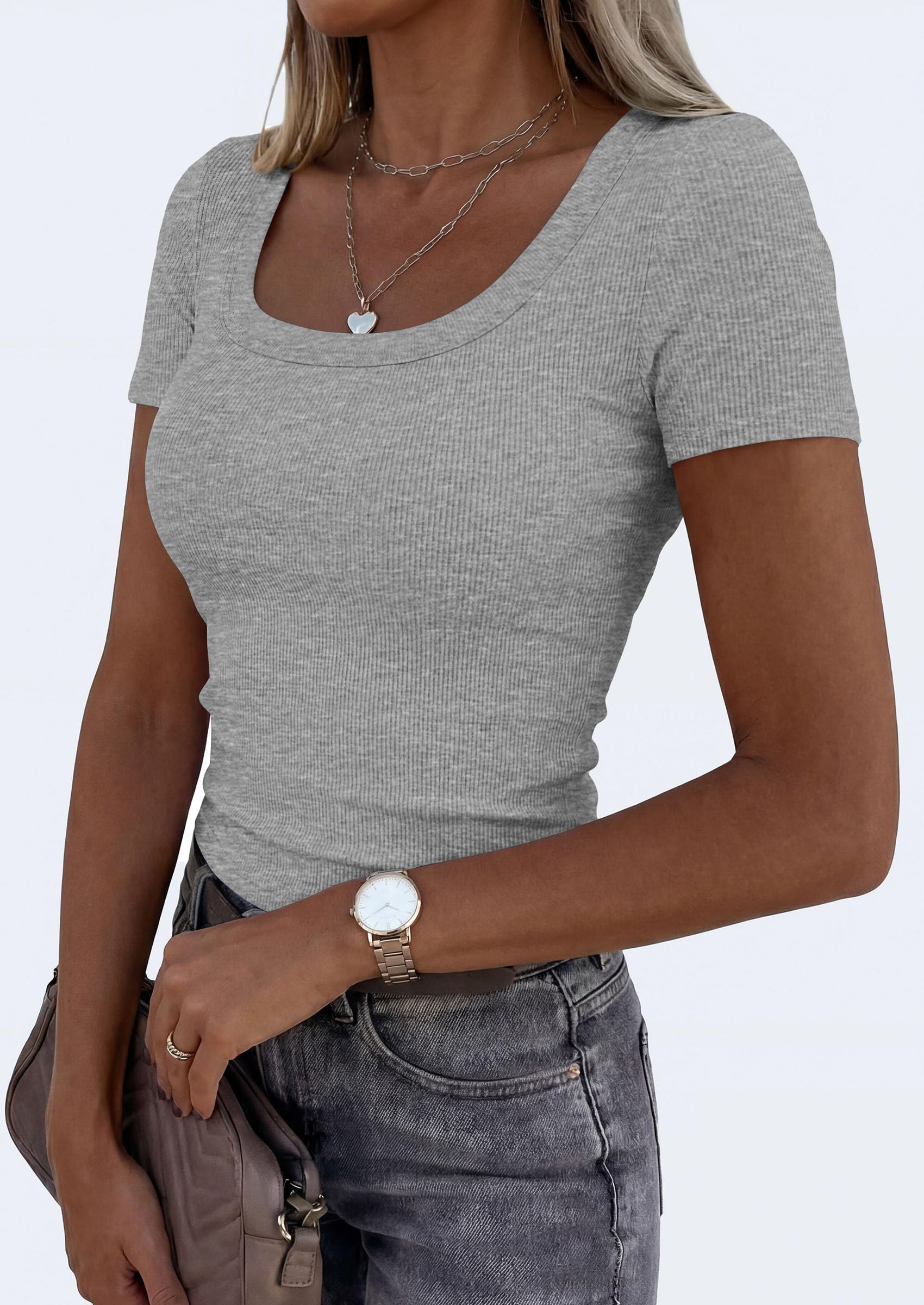 Womens Summer Short Sleeve Scoop Neck Tops,Grey,S