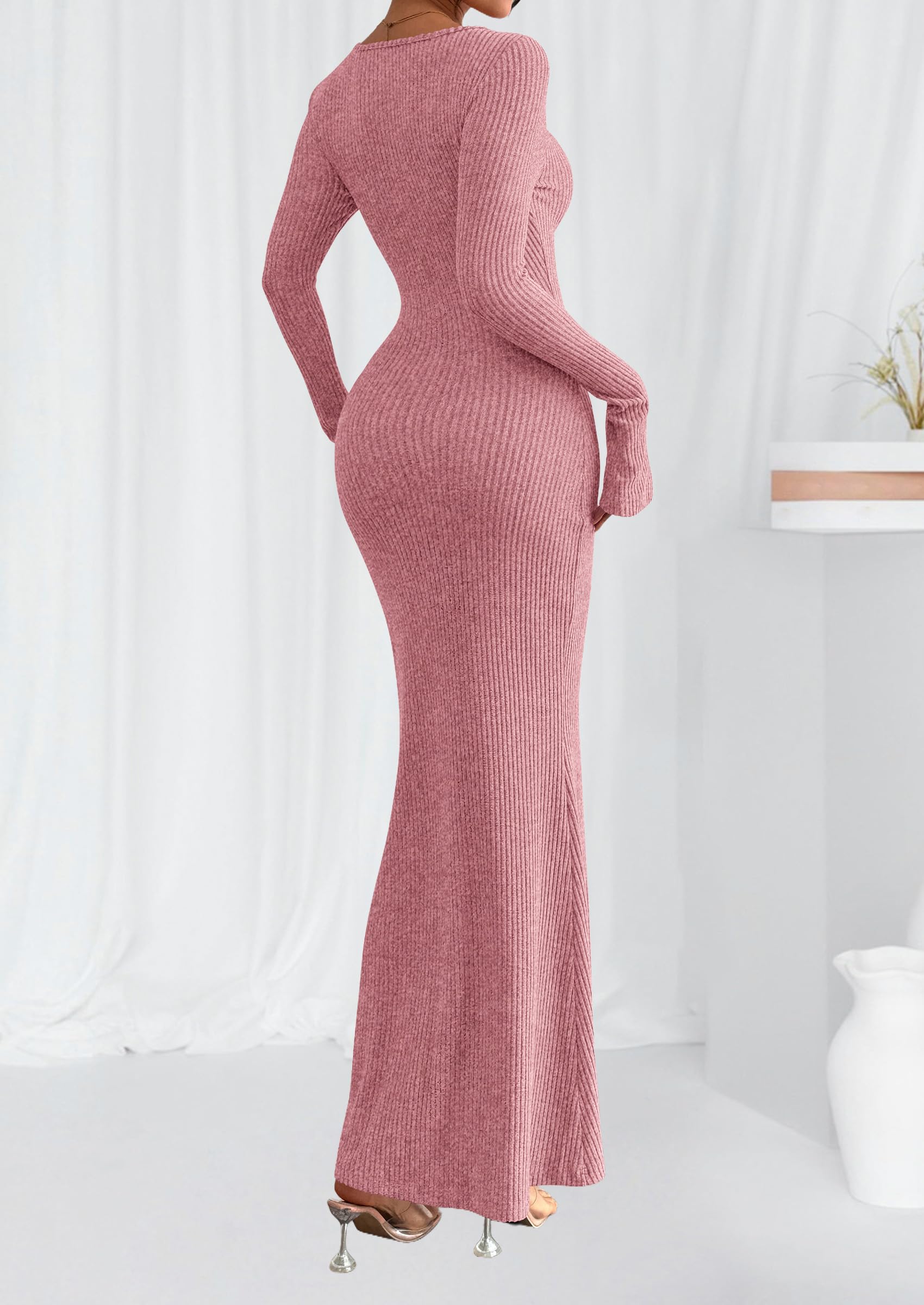 Women's Fall Long Sleeve Bodycon Maxi Dresses (Pink,XS)