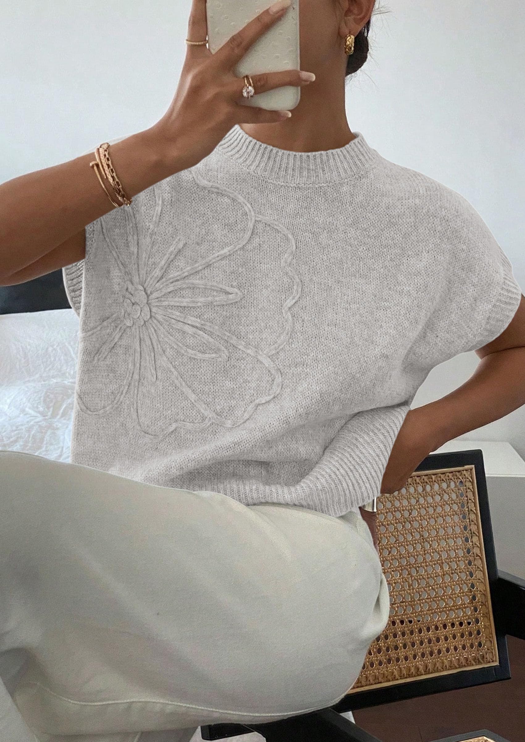 Women's Summer Short Cap Sleeve Sweater Vest (Light Grey,S)