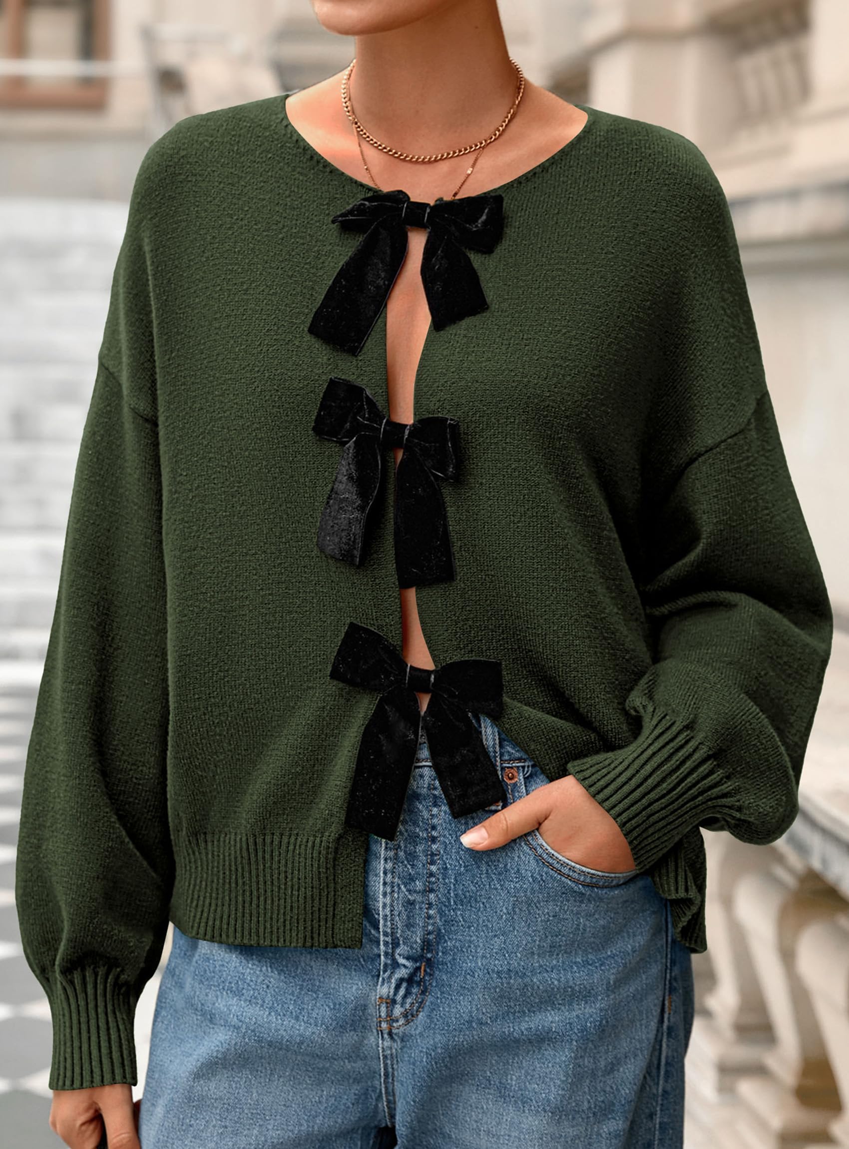 Women's Fall Bow Tie Front Cardigan Sweaters,Army Green,S