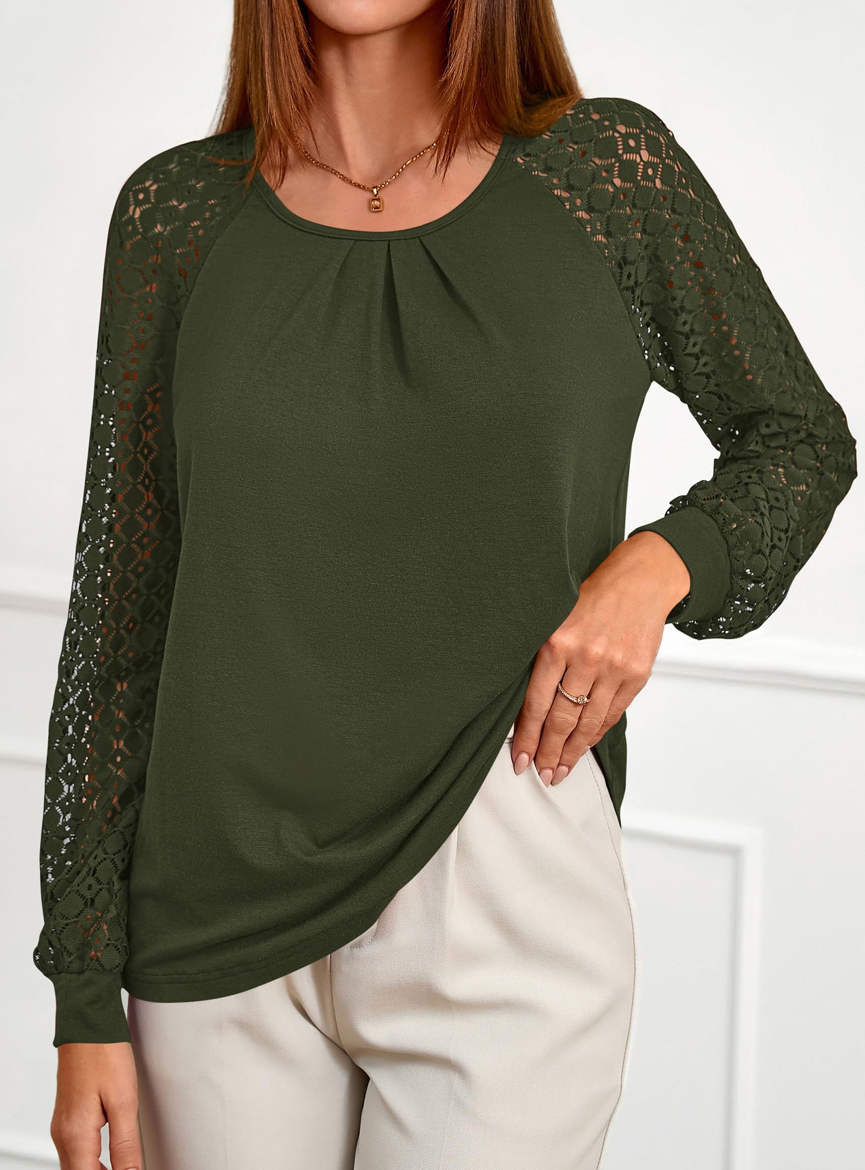 Women's Long Sleeve Shirts Fall Lace Tops,Army Green,S