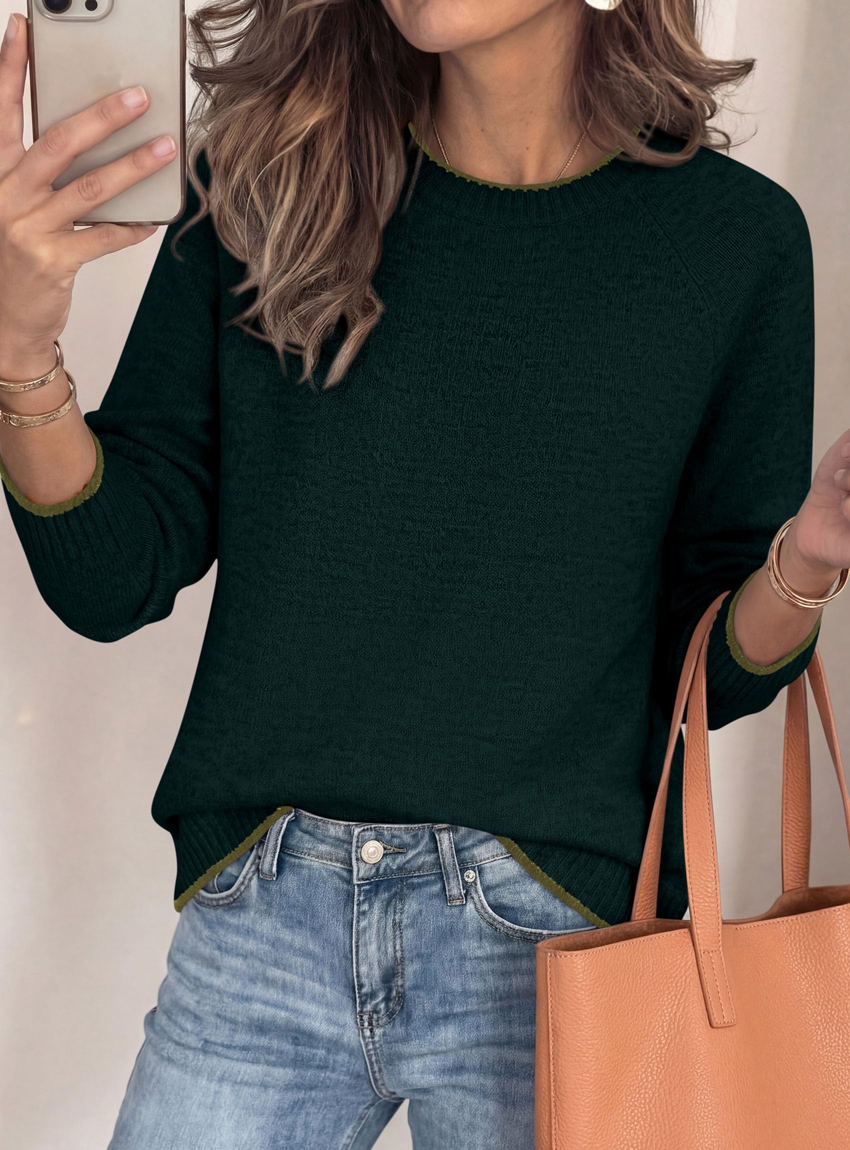 Womens Crewneck Fall Sweaters Pullover Tops,Dark Green,S