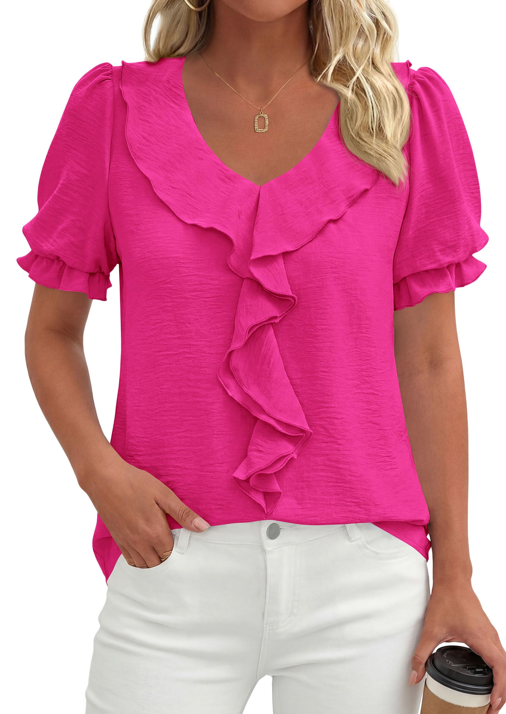 Women's Summer Ruffle Dressy Casual Blouses (Rose Red,S)