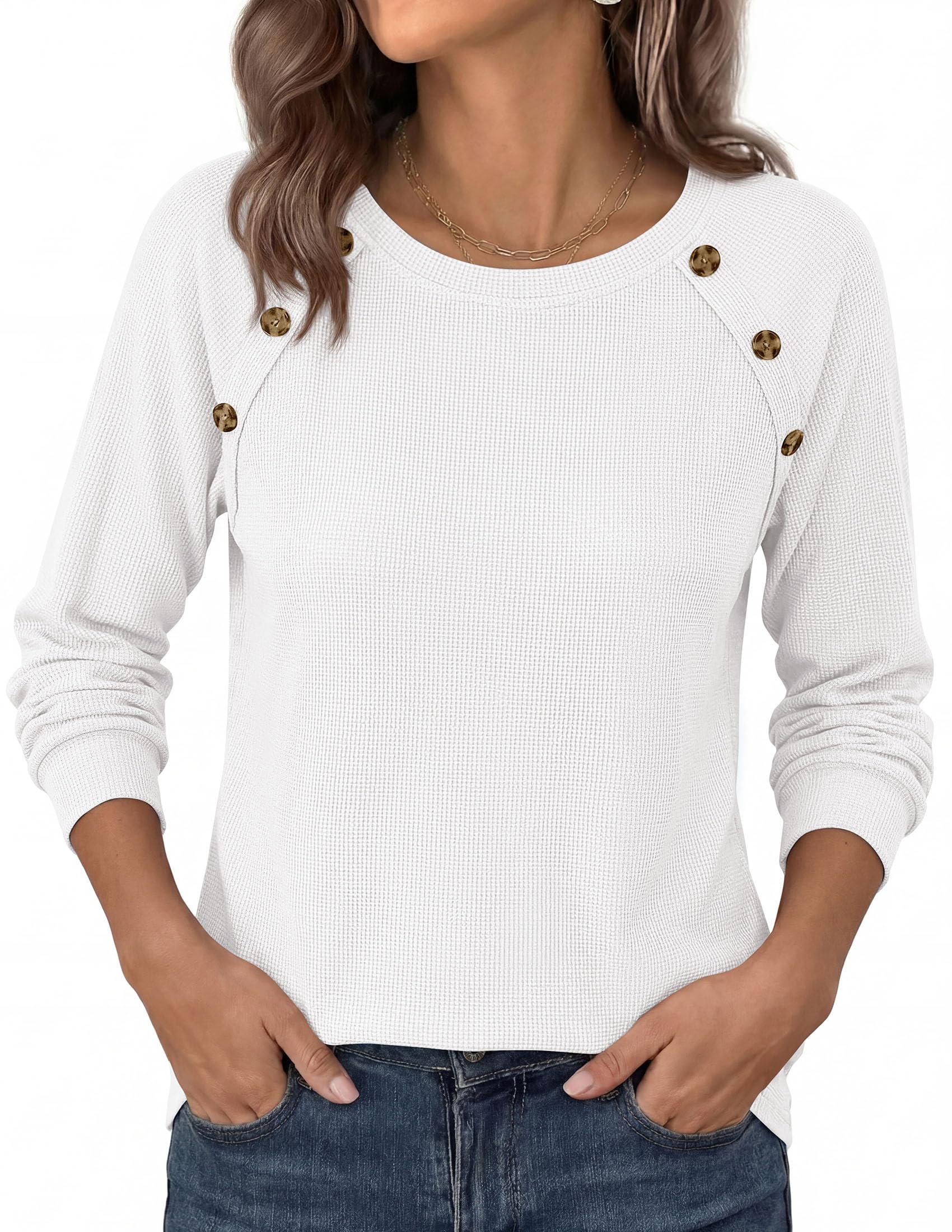 Fall Long Sleeve Waffle Knit Shirts for Women Loose Tunic Tops