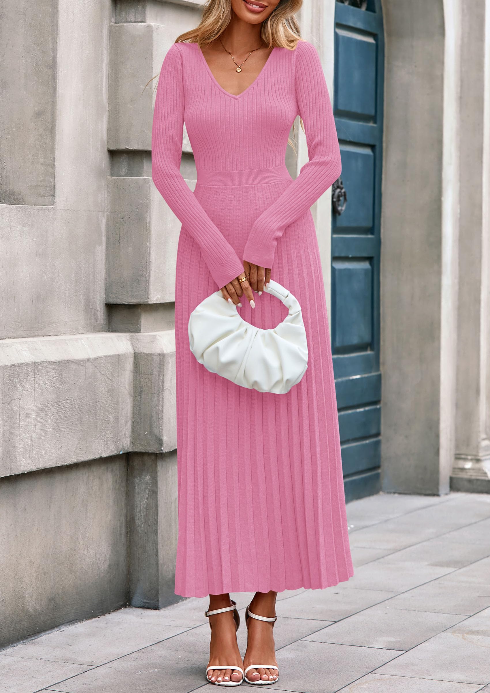 Sweater Dress Women Long Sleeve Maxi Flowy Pleated Dresses