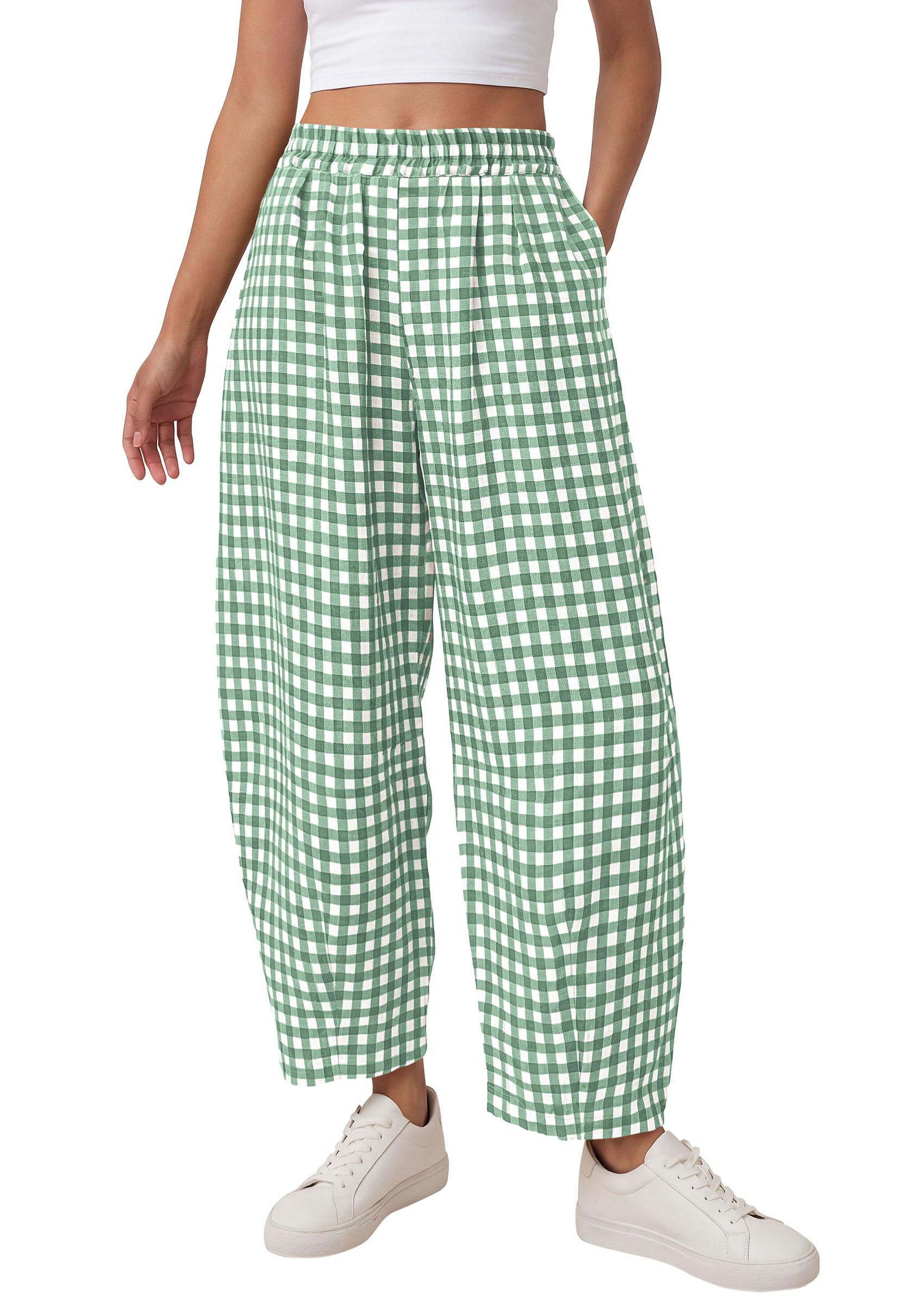 Plaid Barrel Pants Women Summer Bottoms, Green Plaid,S