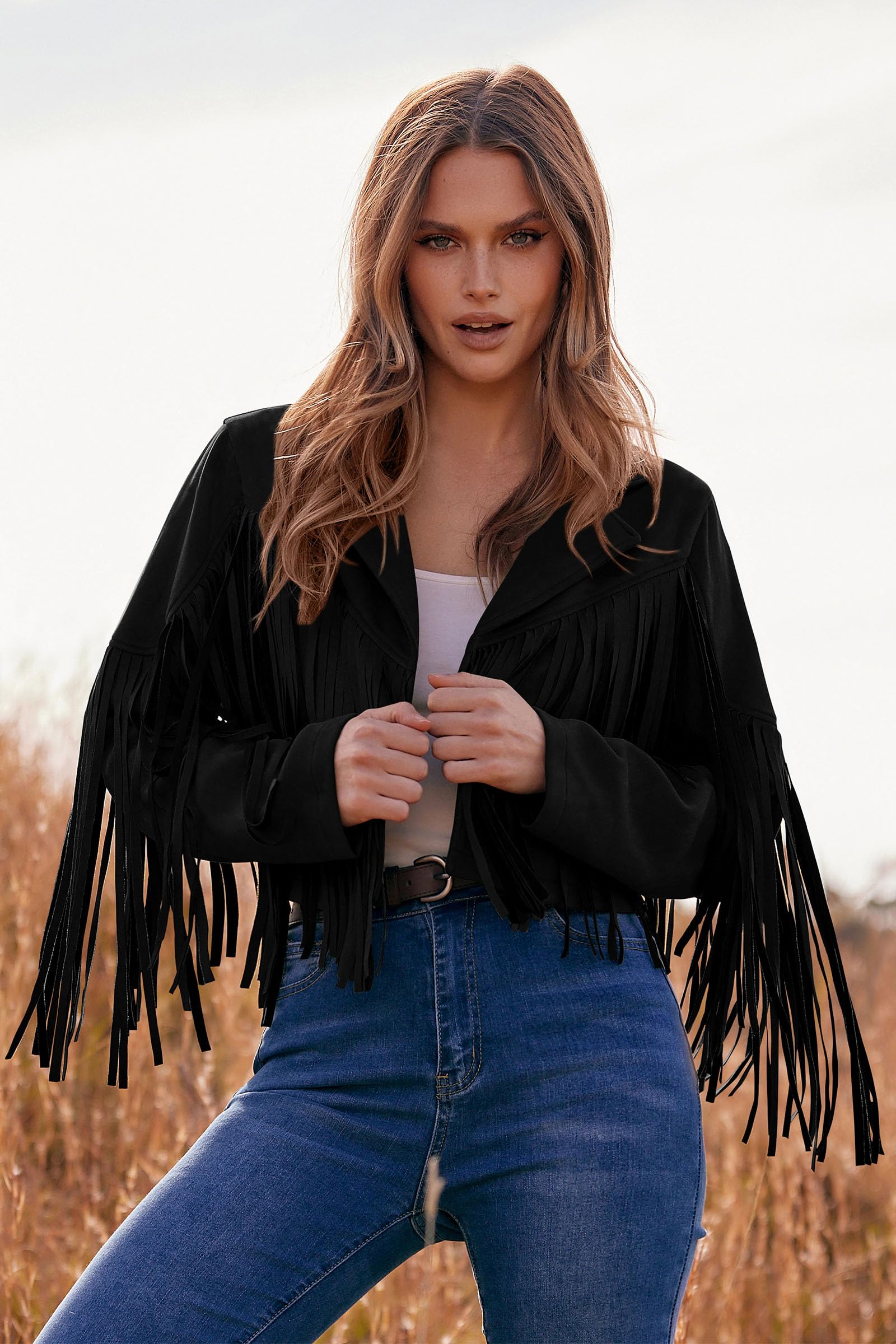 Women's Fringe Faux Suede Leather Jackets,Black,S