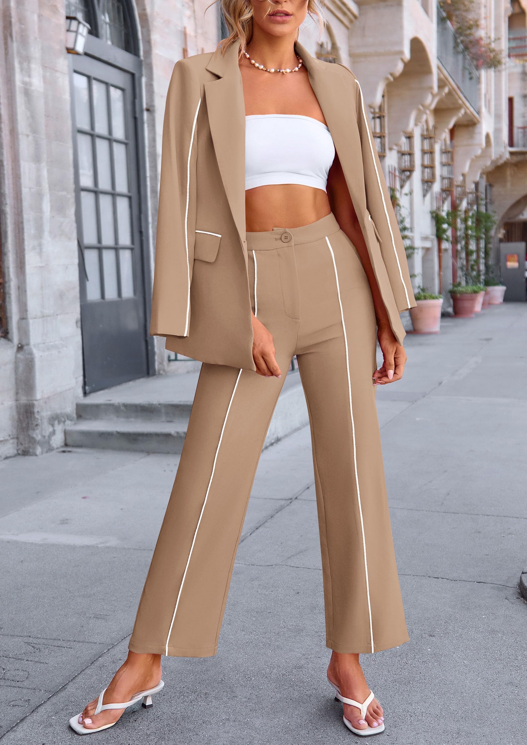 Women's 2 Piece Blazer Business Casual Outfits(Khaki,XXL)