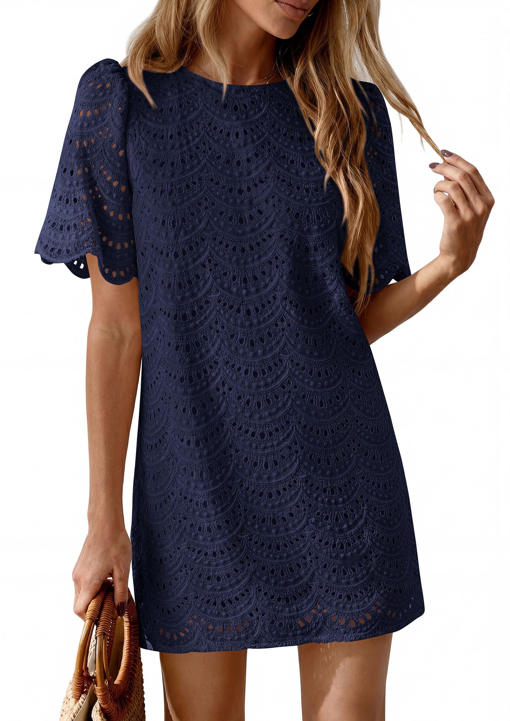 Women's Summer Eyelet Lace Short Dress (Navy Blue,S)
