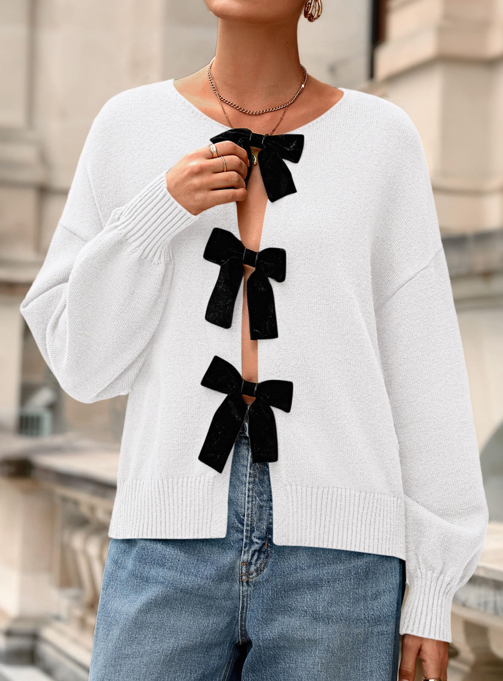 Women's Fall Bow Tie Front Cardigan Sweaters,White,S