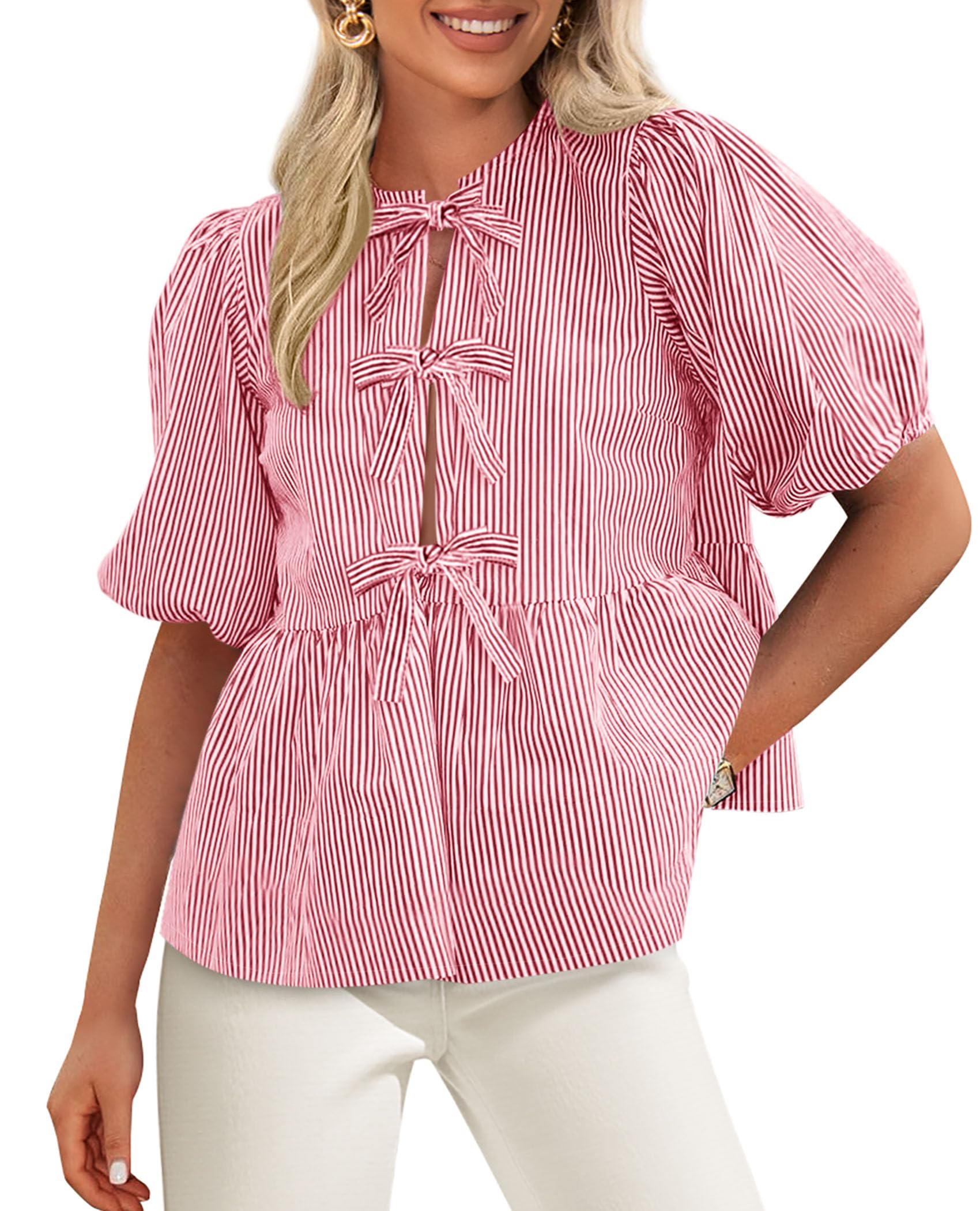 Women Striped Tie Front Babydoll Peplum Tops, Red,S