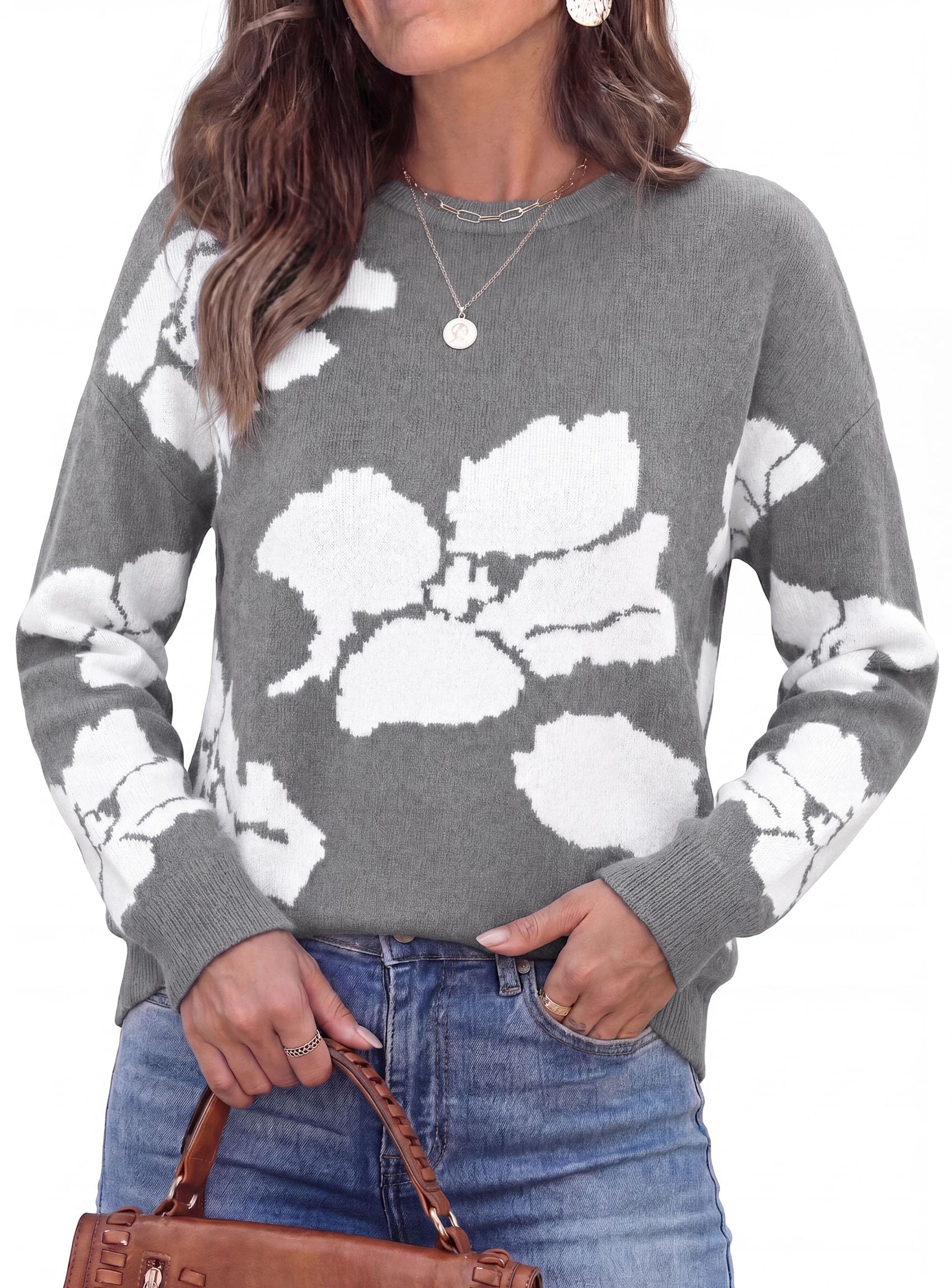 Womens Floral Sweater Crewneck Printed Pullover Tops Grey