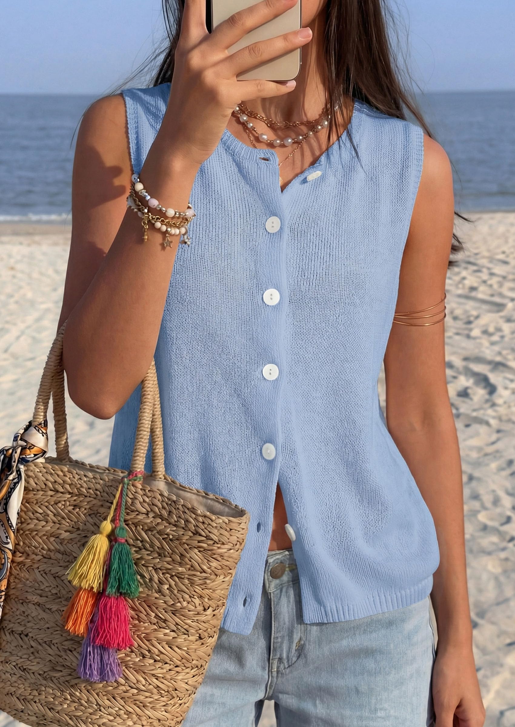 Women's Summer Button Up Sweater Vest Tops,Light Blue,S