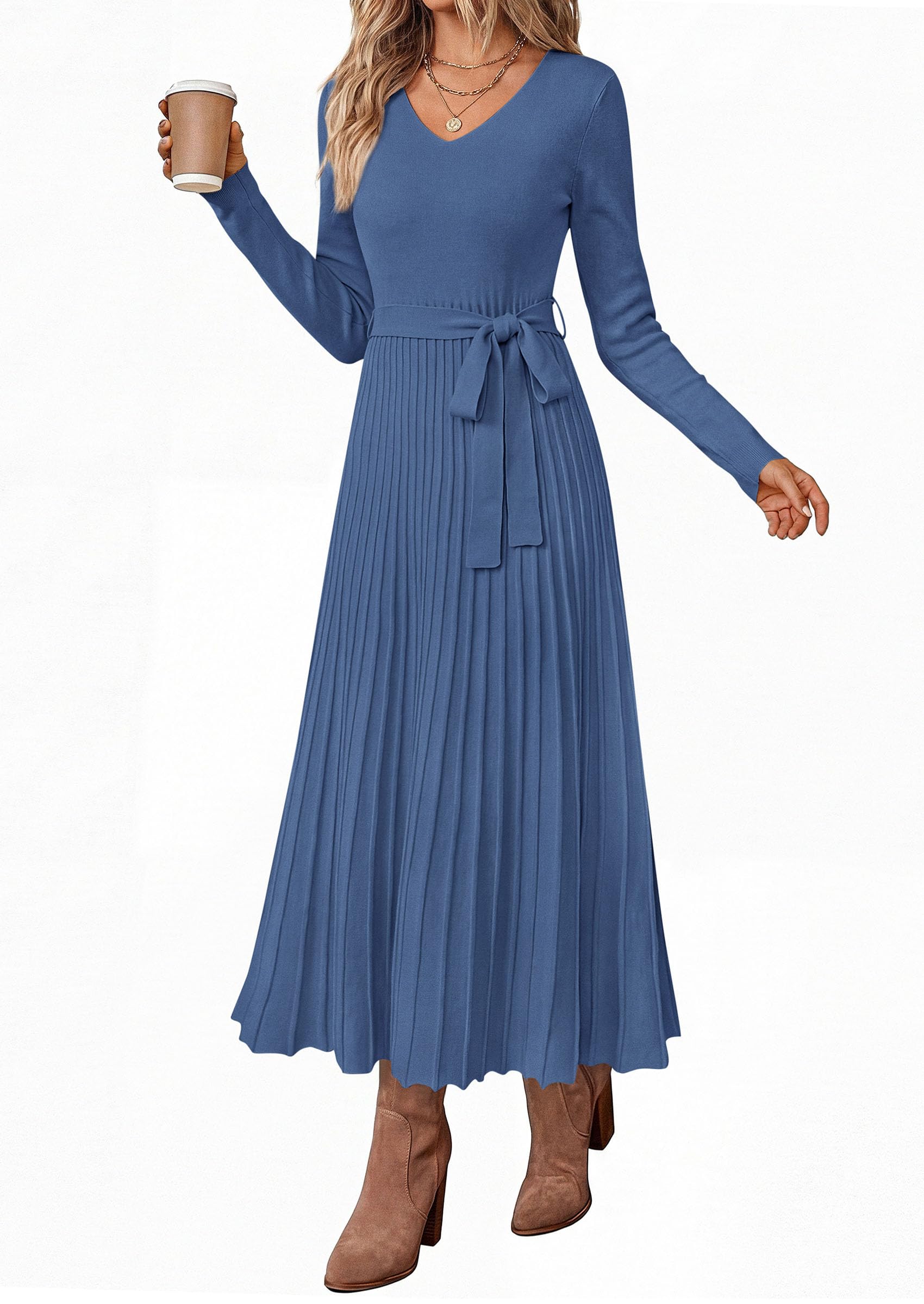 Womens Fall Maxi Long Sleeve Sweater Dress,Blue Grey,S